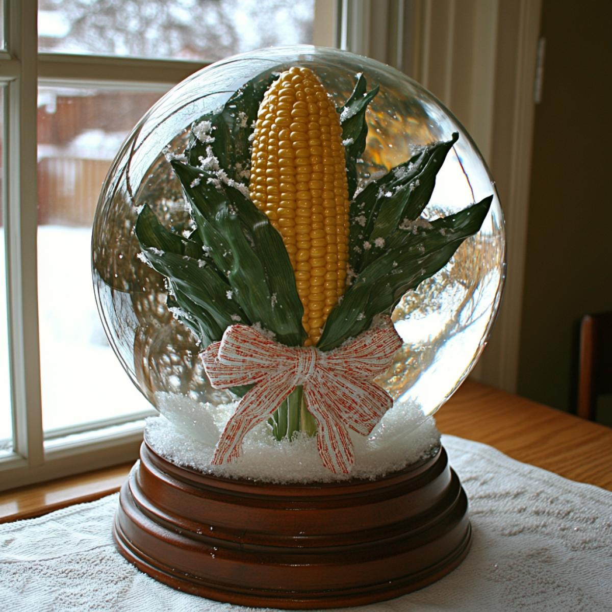 Photo of a snow globe, inside it there is a beautiful corn with a bow, it is snowing