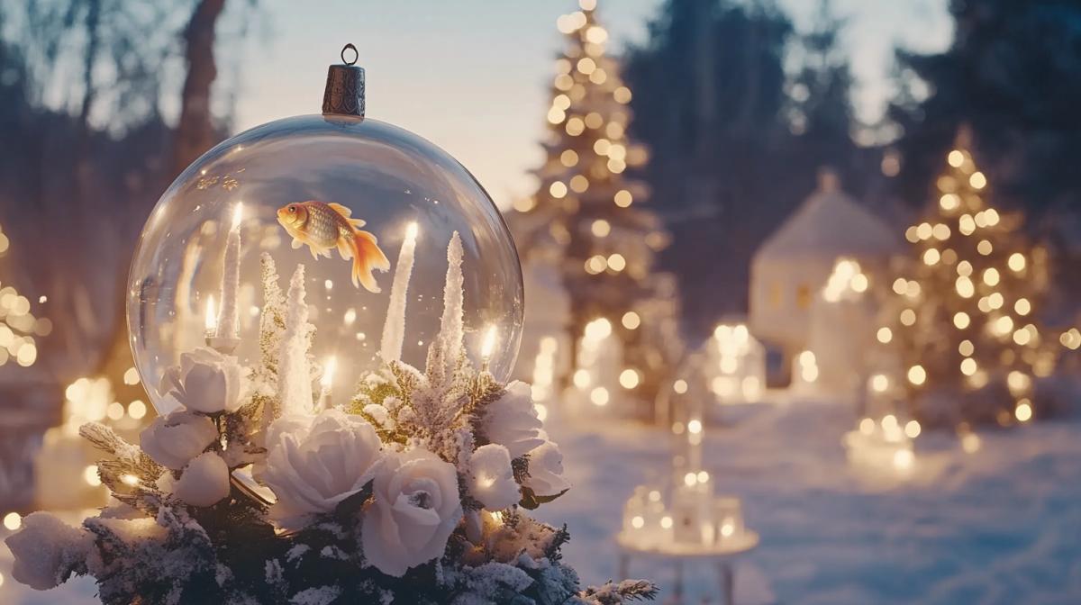 A glass snow globe on a stand, a goldfish swimming in the ball, and it’s snowing. New Year