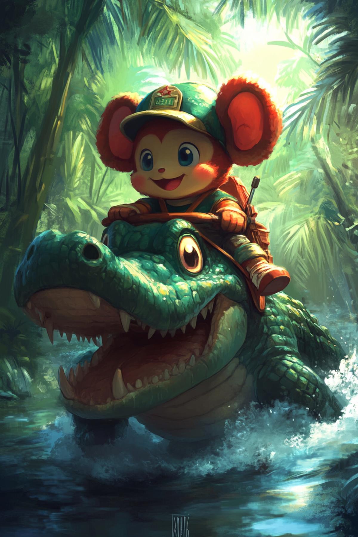 Cheburashka with big ears riding a crocodile. Crazy races.