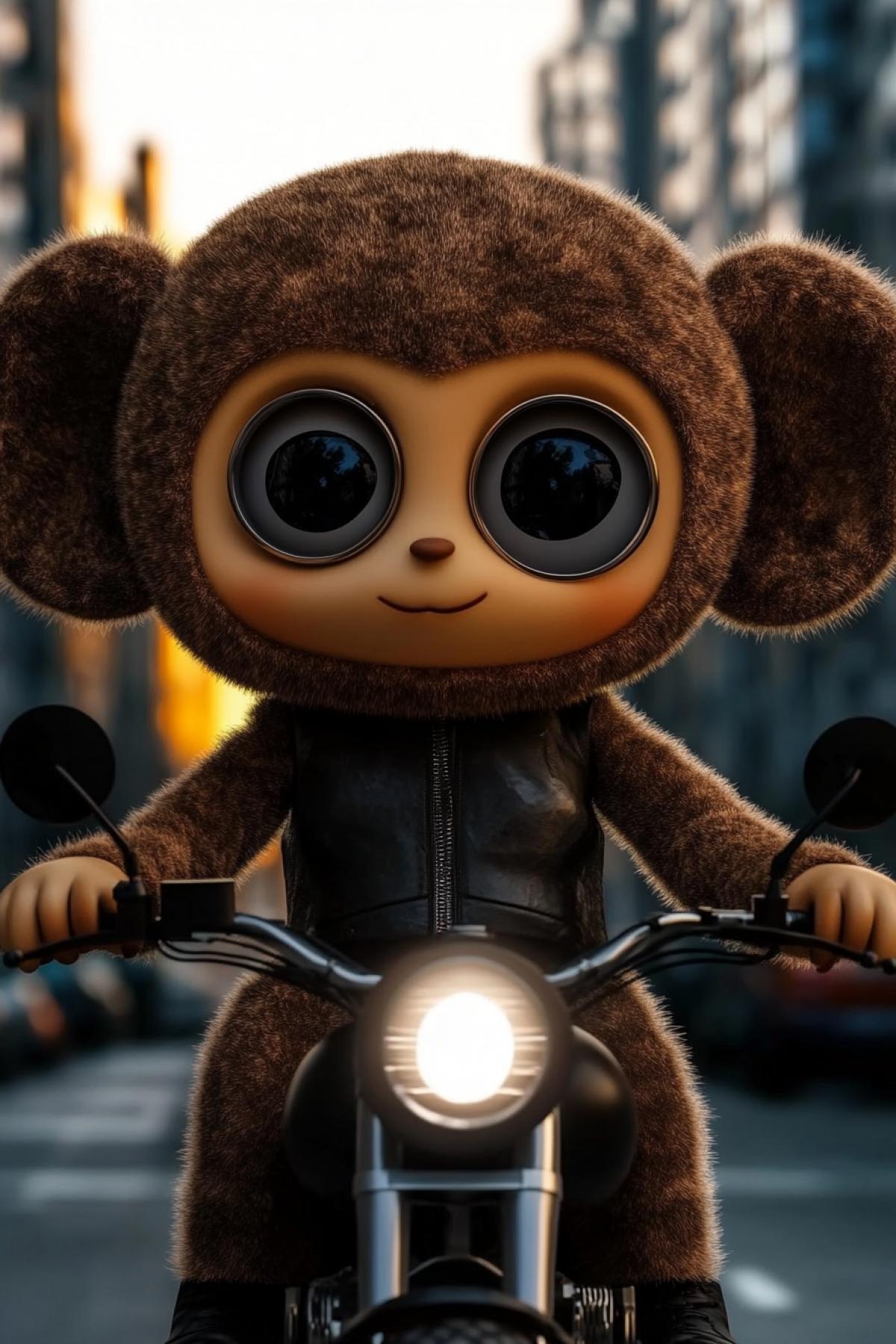 A cool cool Cheburashka with big ears on the sides in aviator sunglasses and a leather jacket on a dark motorcycle, rides against the backdrop of tall buildings in the city, high detail, photorealism, cinematic.