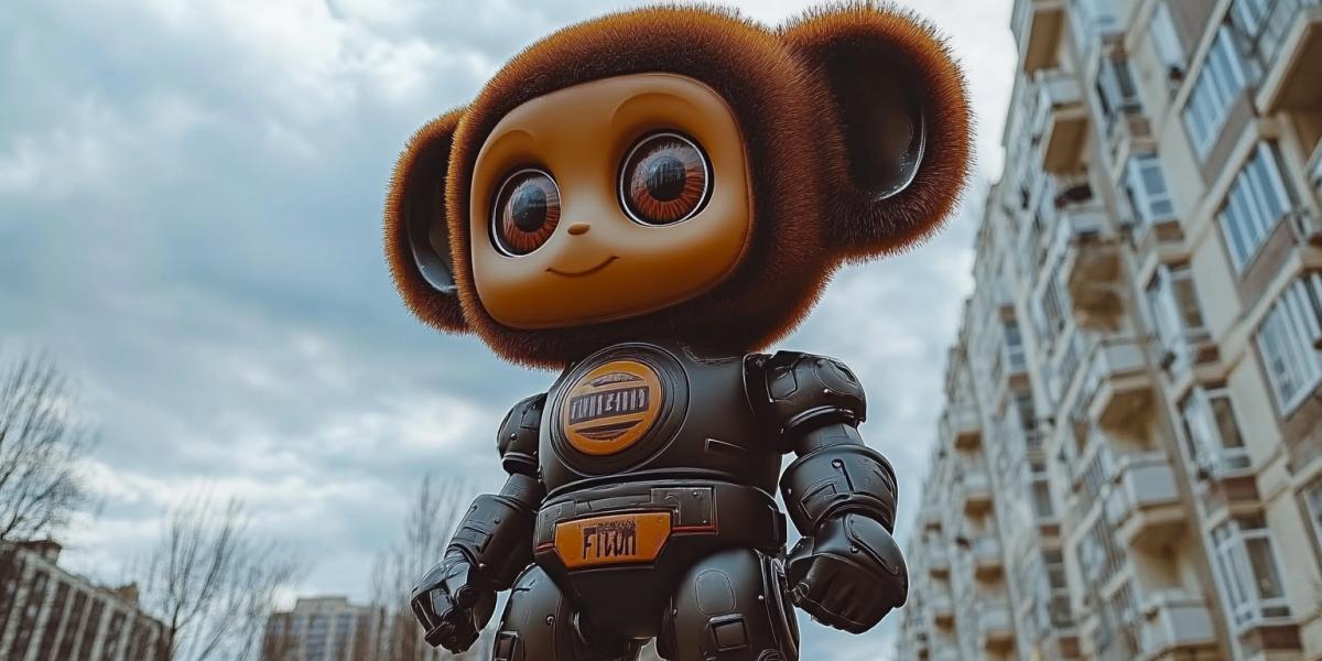 a metal robot with a Cheburashka head with big ears stands on the road in a city with tall buildings