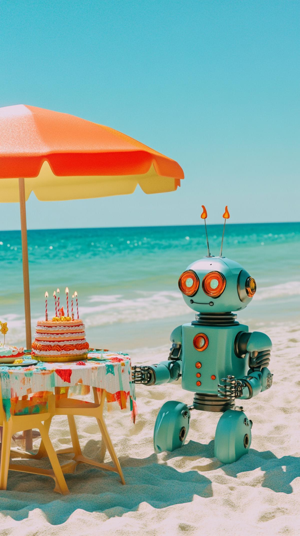Robot on the beach, sea, robot sitting at a table with an umbrella, birthday cake with candles