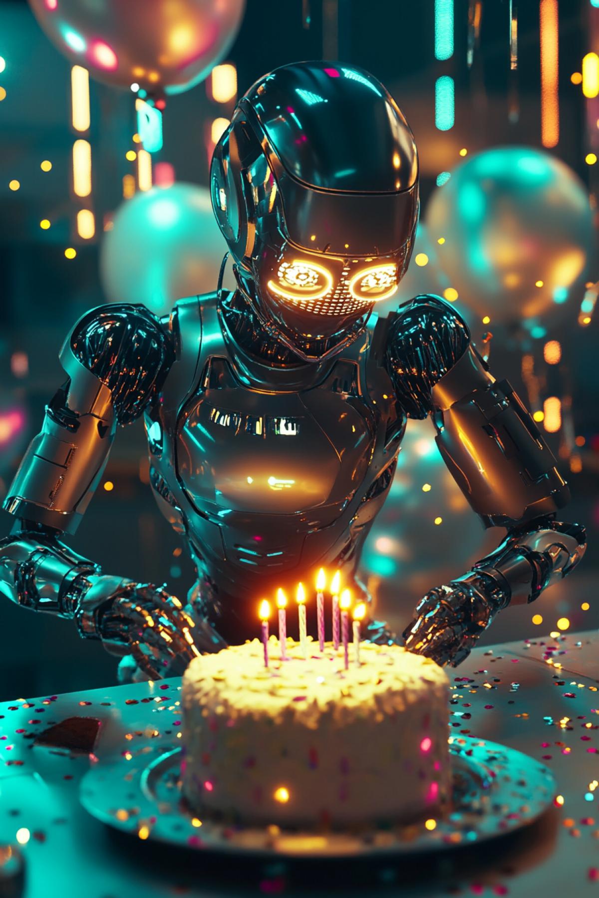 Futuristic scene of a robot celebrating its birthday, surrounded by sleek, metallic decorations and neon lights. The centerpiece is a glowing, cybernetic cake with holographic candles. The robot, with a shiny chrome exterior and expressive LED eyes, leans forward to simulate blowing out the candles as small drones hover around, capturing the moment. The atmosphere is filled with digital confetti and binary-themed balloons.