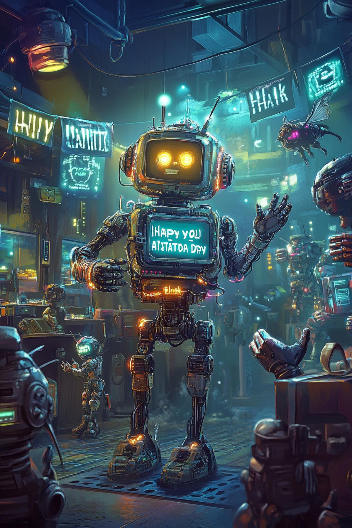 A cheerful robot in a futuristic workshop receiving gifts from other mechanical beings. The gifts are wrapped in metallic foil and adorned with glowing circuits. Surrounding robots of various designs and sizes, some humanoid, others insect-like, clap with their mechanical hands as the birthday robots display screen shows a Thank You message. The room is decorated with holographic banners that read Happy Activation Day! in glowing text