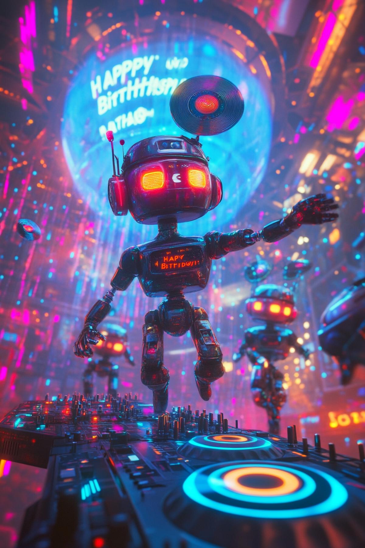 A vibrant robotic birthday party with robots dancing under a dome filled with shifting neon lights and holographic projections. The dance floor is made of glowing panels that react to their movements. A DJ robot with spinning discs on its head plays techno beats while other robots of all shapes and forms move rhythmically. Digital confetti rains down, and a massive screen displays the text: Happy Birthday, Unit 2049!