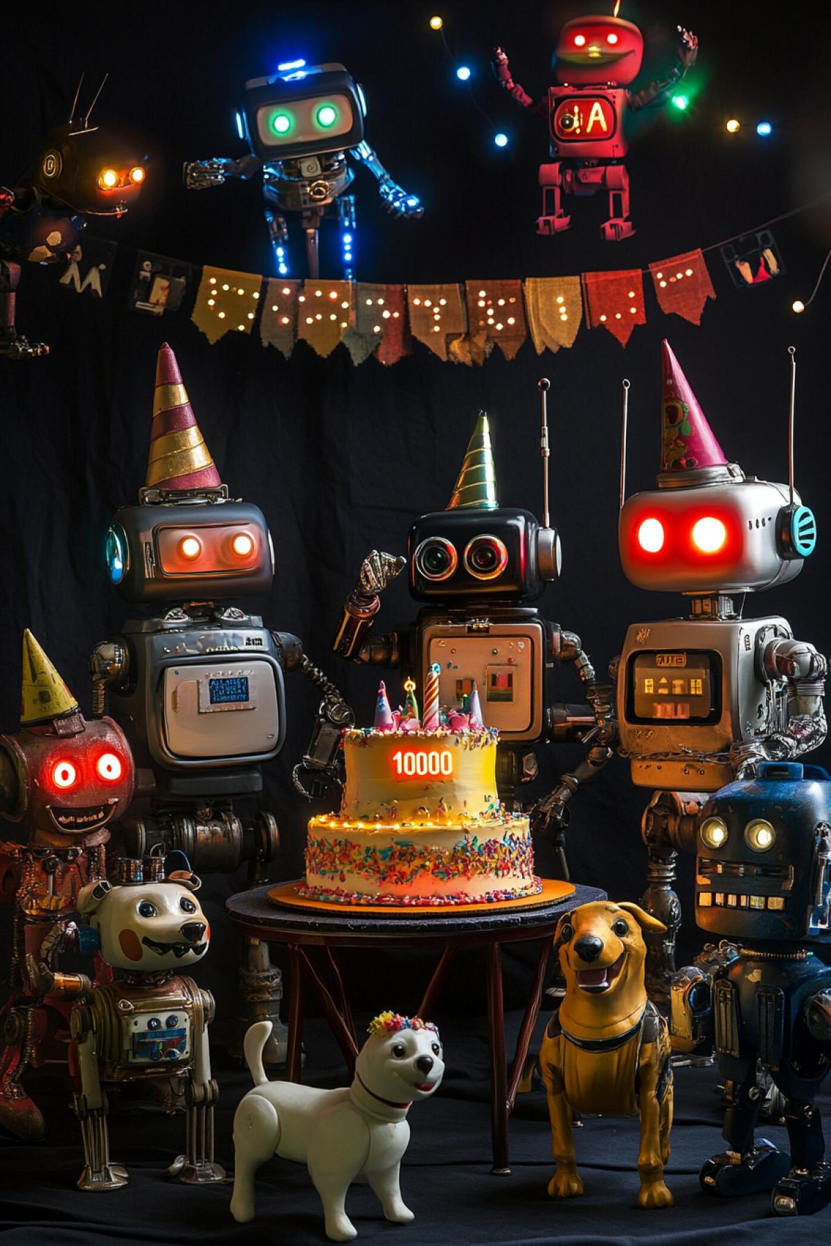 A group of diverse robots posing for a birthday photo around a table with a glowing cake. Each robot has unique features, from vintage, steampunk designs to ultra-modern, sleek forms. They stand in front of a banner reading Celebrating 10,000 Cycles in binary. One robot holds a robotic dog, and another adjusts its LED face to show a wide smile. In the background, robotic party hats and floating holograms add to the festive atmosphere