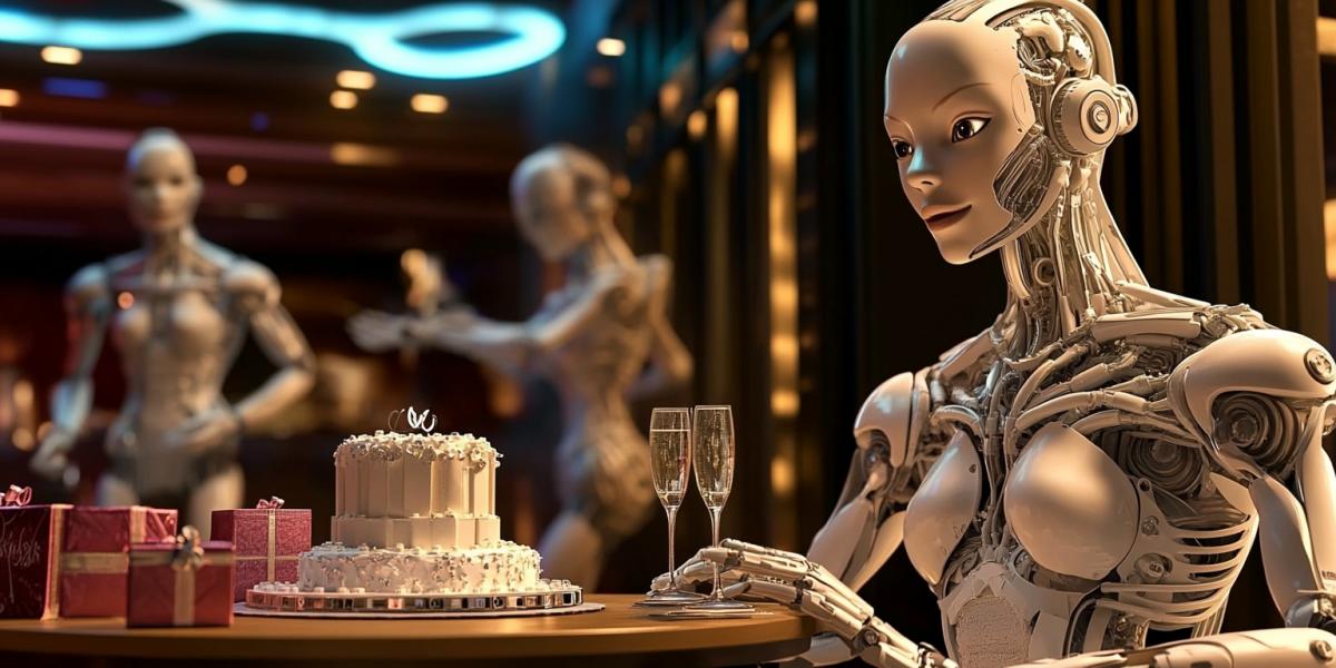 A robot sits at a table in a bar, on the table is a cake and champagne made from Lego. Other robots are dancing. There is a restaurant in the background, gifts on the floor.