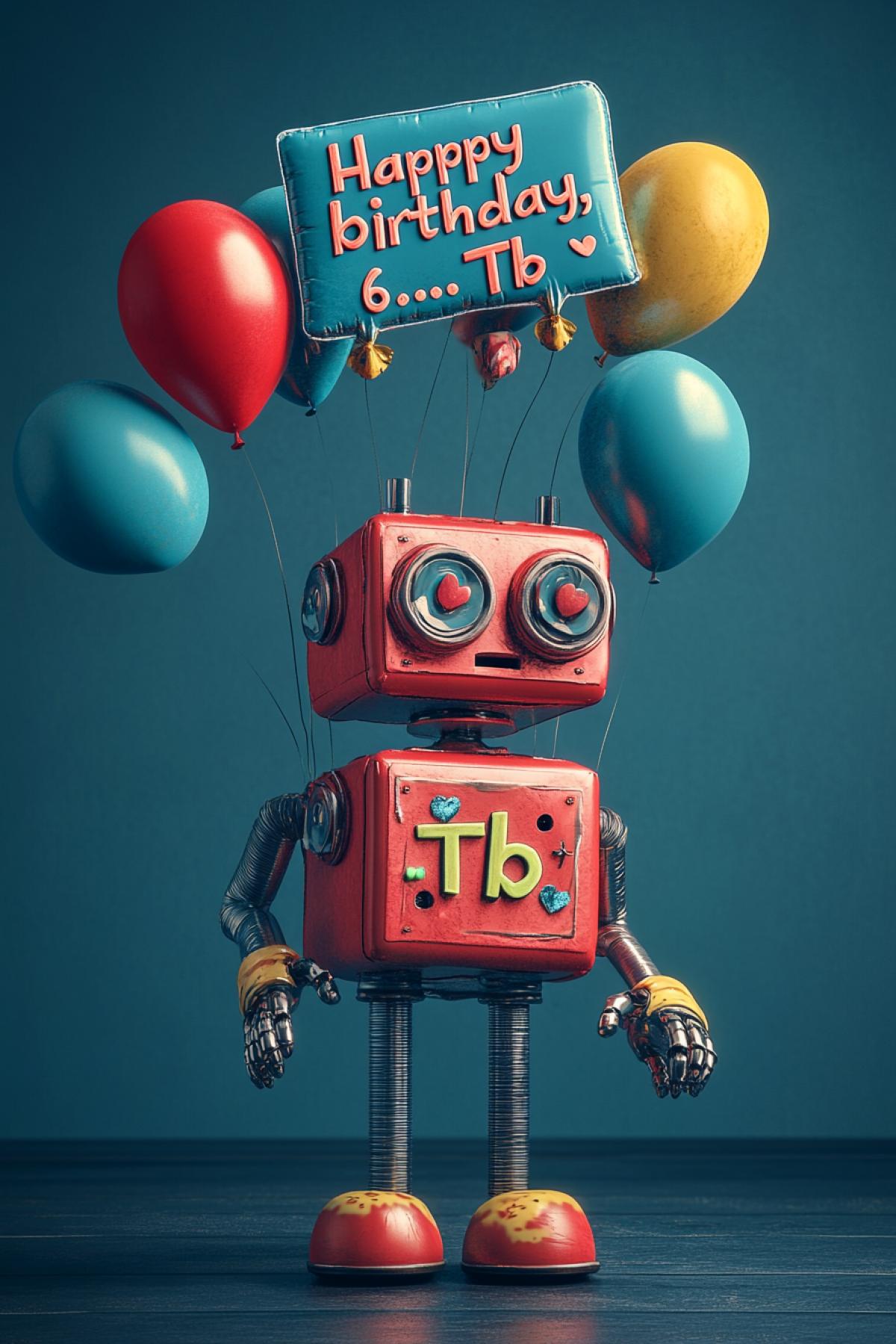 Sarcasm Robot, Robots birthday, minimalism, fusion, balloons, the inscription on the balloons \"Happy birthday, 6...Tb\", flickering, realistic image, photoshop