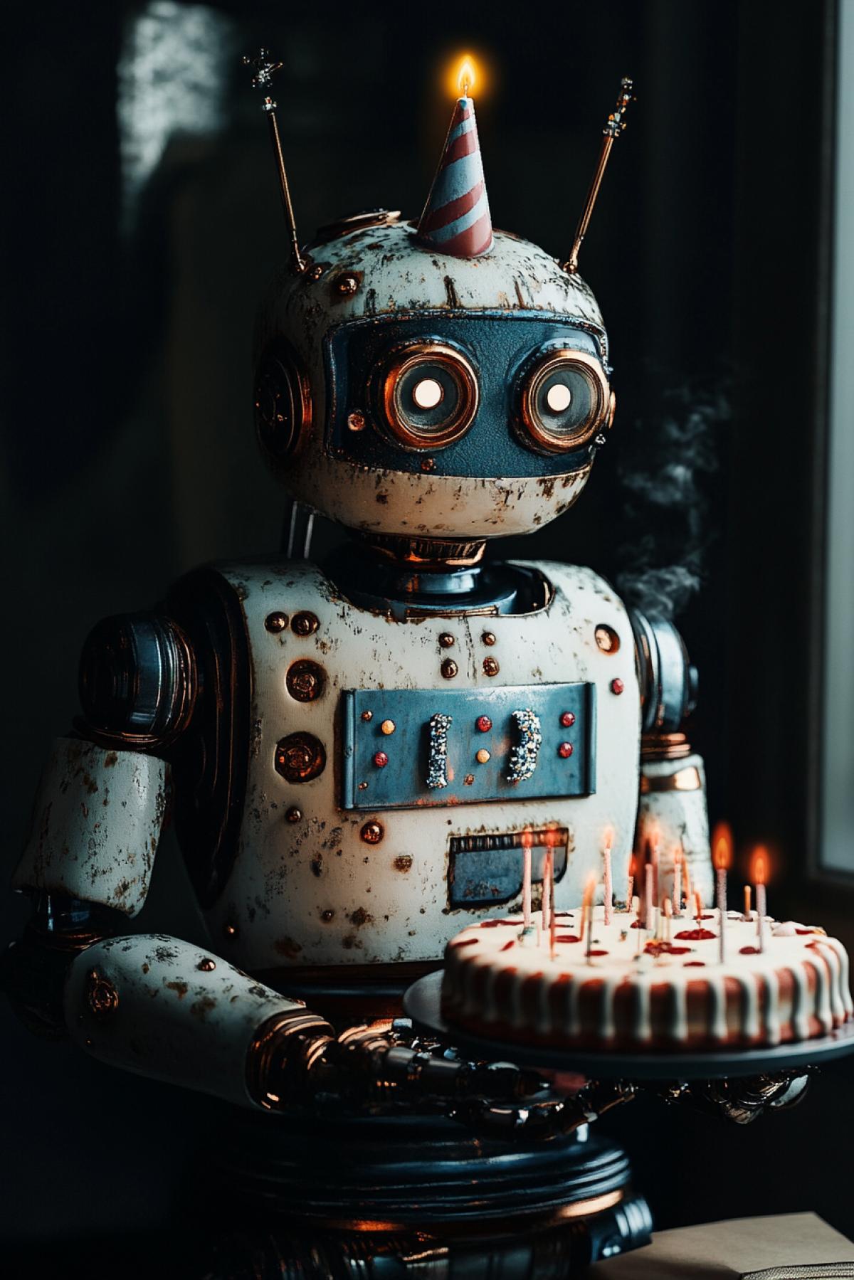 Robot birthday, maximalism, holiday, birthday, fusion, dark and white color, flicker, realistic image, photoshop