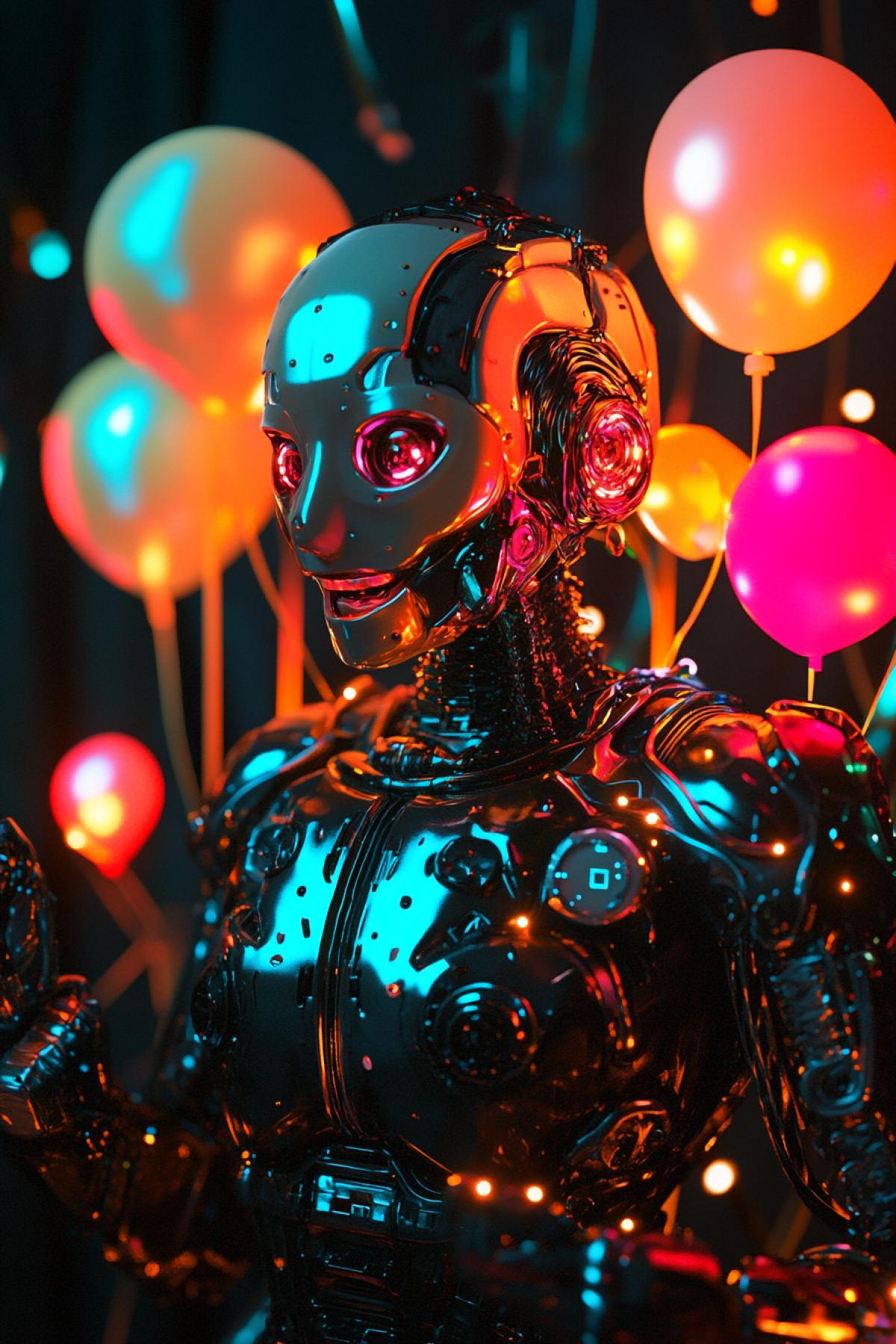 Robot birthday, maximalism, holiday, birthday, fusion, dark and white, flicker, realistic image, photoshop? ,madness