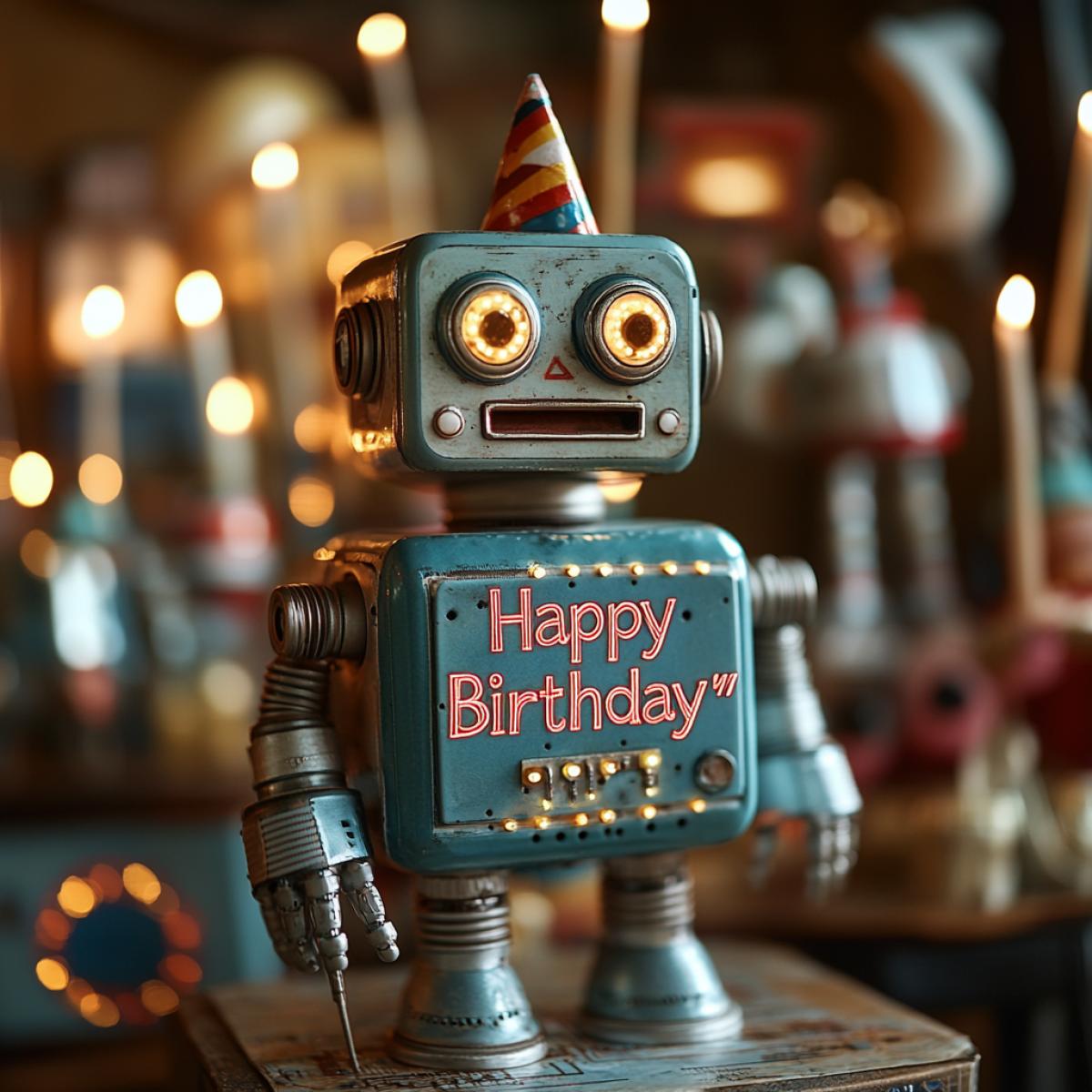 A futuristic robot celebrates its birthday, in front of it is a gift external power supply in the form of a cake assembled from microcircuits, with luminous parts, around friends and colleagues robots, with beautiful lighting and the words \"Happy Birthday\"