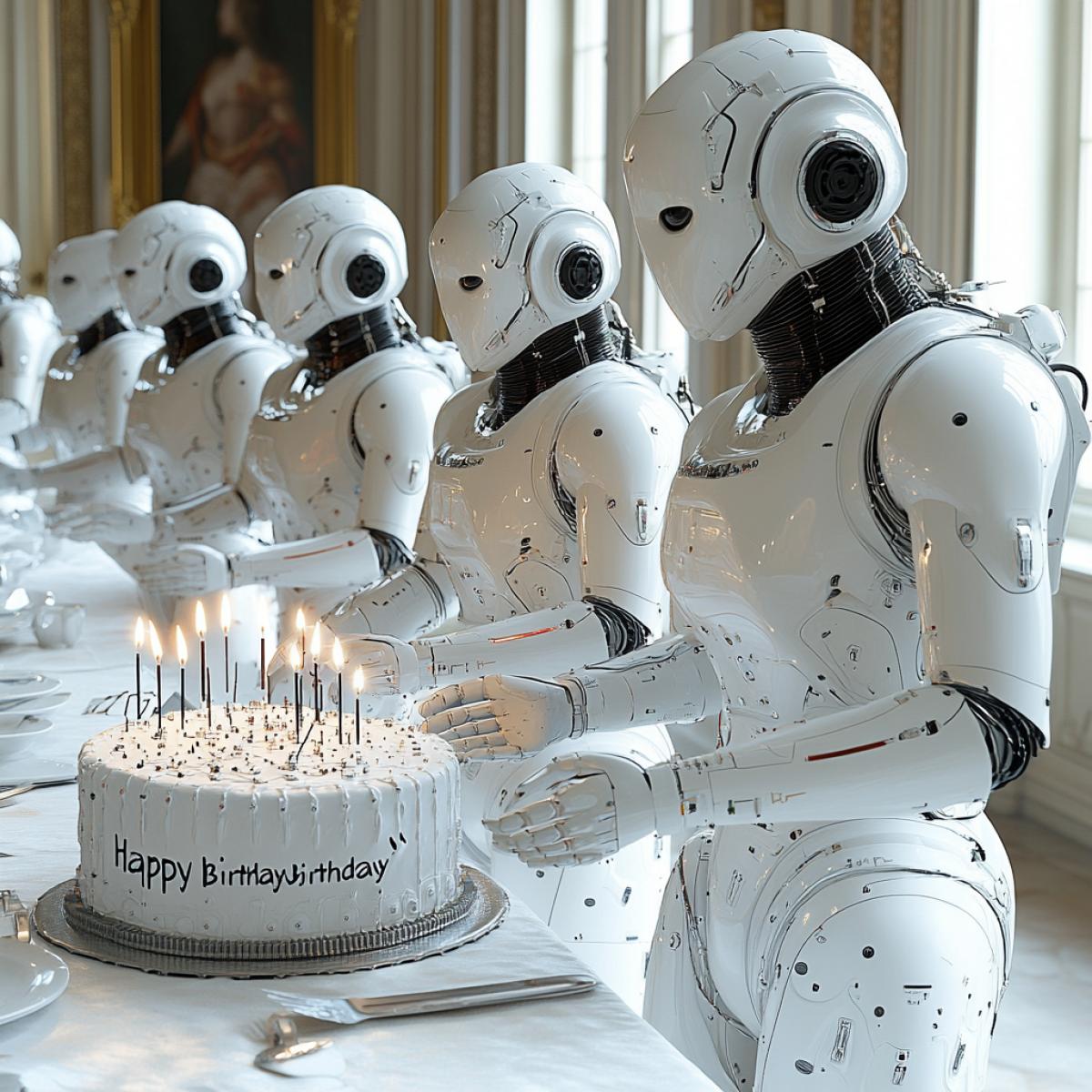 A futuristic robot celebrates its birthday, in front of it is a gift external power supply in the form of a cake assembled from microcircuits, with luminous parts, around friends and colleagues robots, with beautiful lighting and the words \"Happy Birthday\"