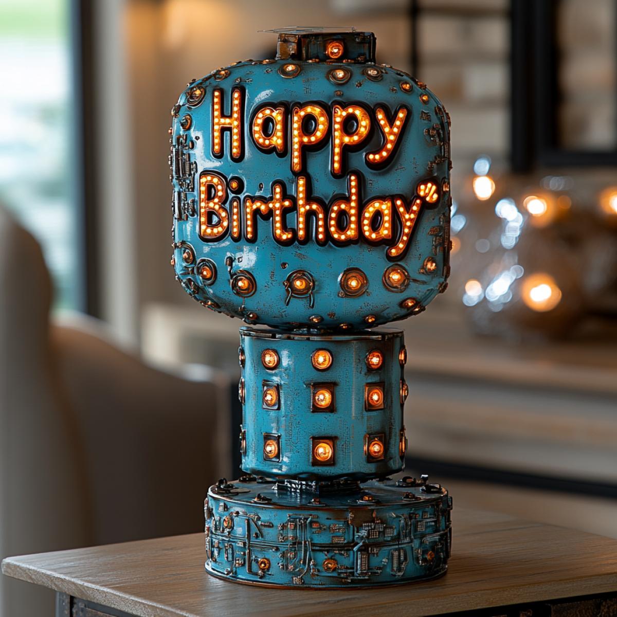 A futuristic robot celebrates its birthday, in front of it is a gift external power supply in the form of a cake assembled from microcircuits, with luminous parts, around friends and colleagues robots, with beautiful lighting and the words \"Happy Birthday\"