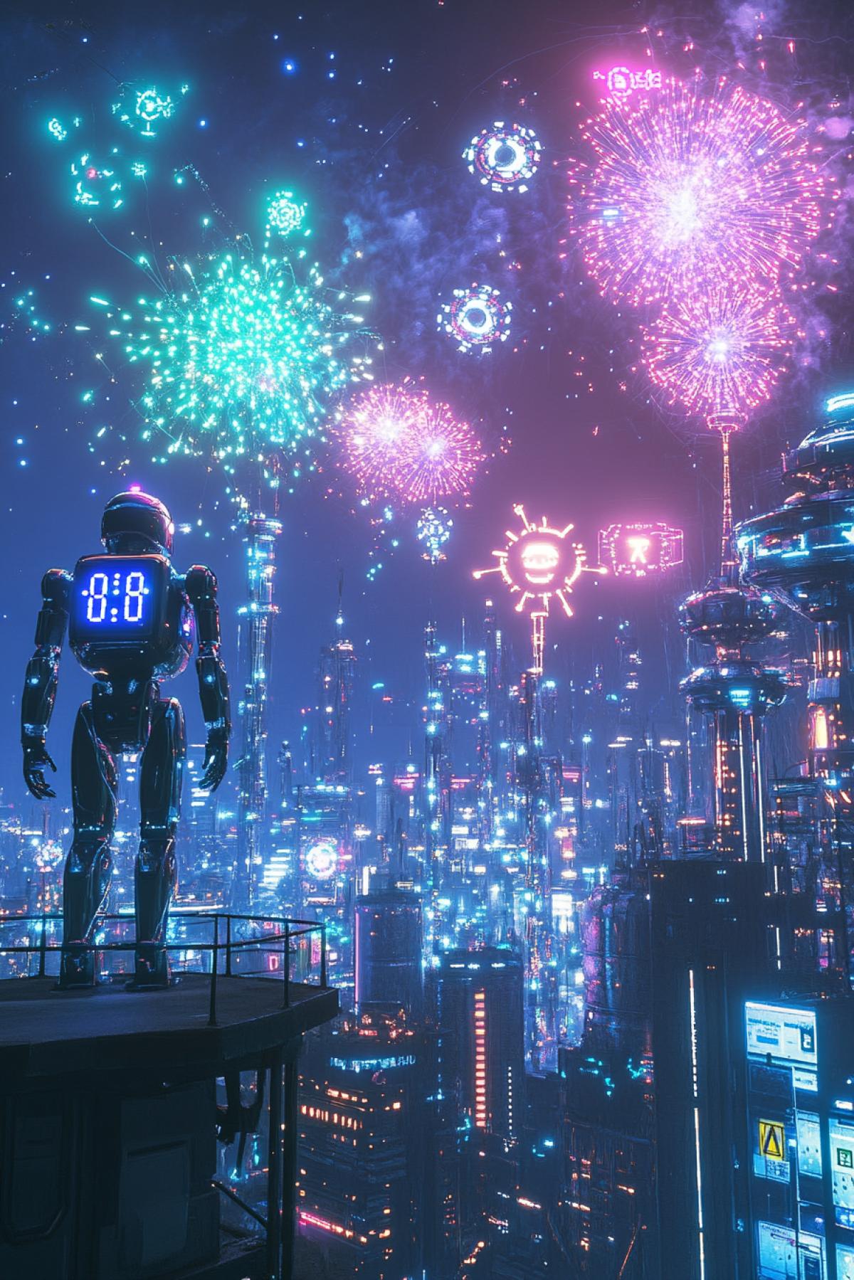 A grand celebration ends with a mesmerizing fireworks display designed for robots. Sparks of electric blue, neon green, and bright white shoot into the night sky above a cyberpunk cityscape. The birthday robot stands on a platform surrounded by other robots, its LED face displaying Amazed. Floating drones project holograms of gears and circuits into the sky, forming a glowing message: Happy Birthday, Model XR-88!\"