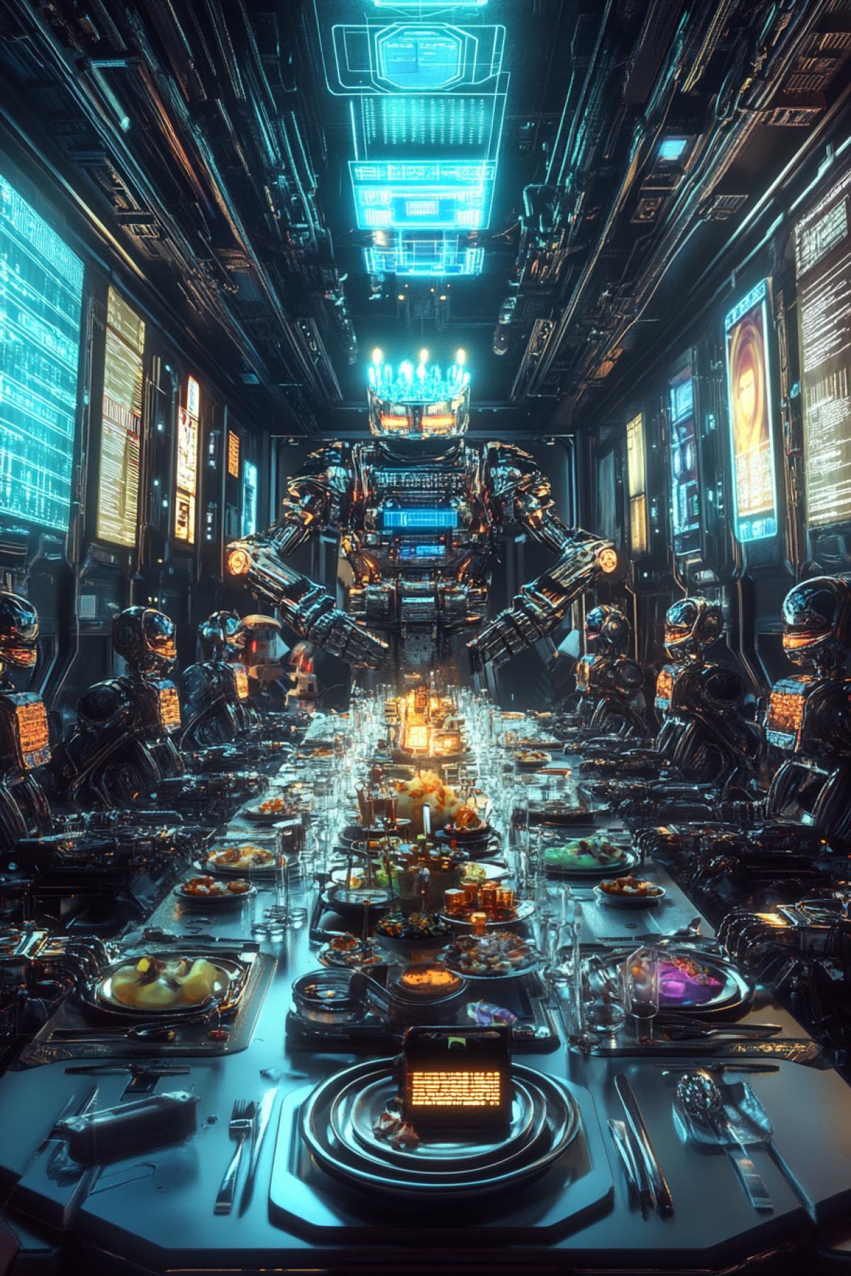 A banquet for robots at a long metallic table filled with futuristic foods: glowing energy cells, small plasma orbs, and oil canisters arranged like fine dining. The birthday robot sits at the center, wearing a circuit-patterned crown, while robotic servers glide around delivering more meals. The background features walls lined with shifting holograms of previous robot birthdays, creating a nostalgic atmosphere