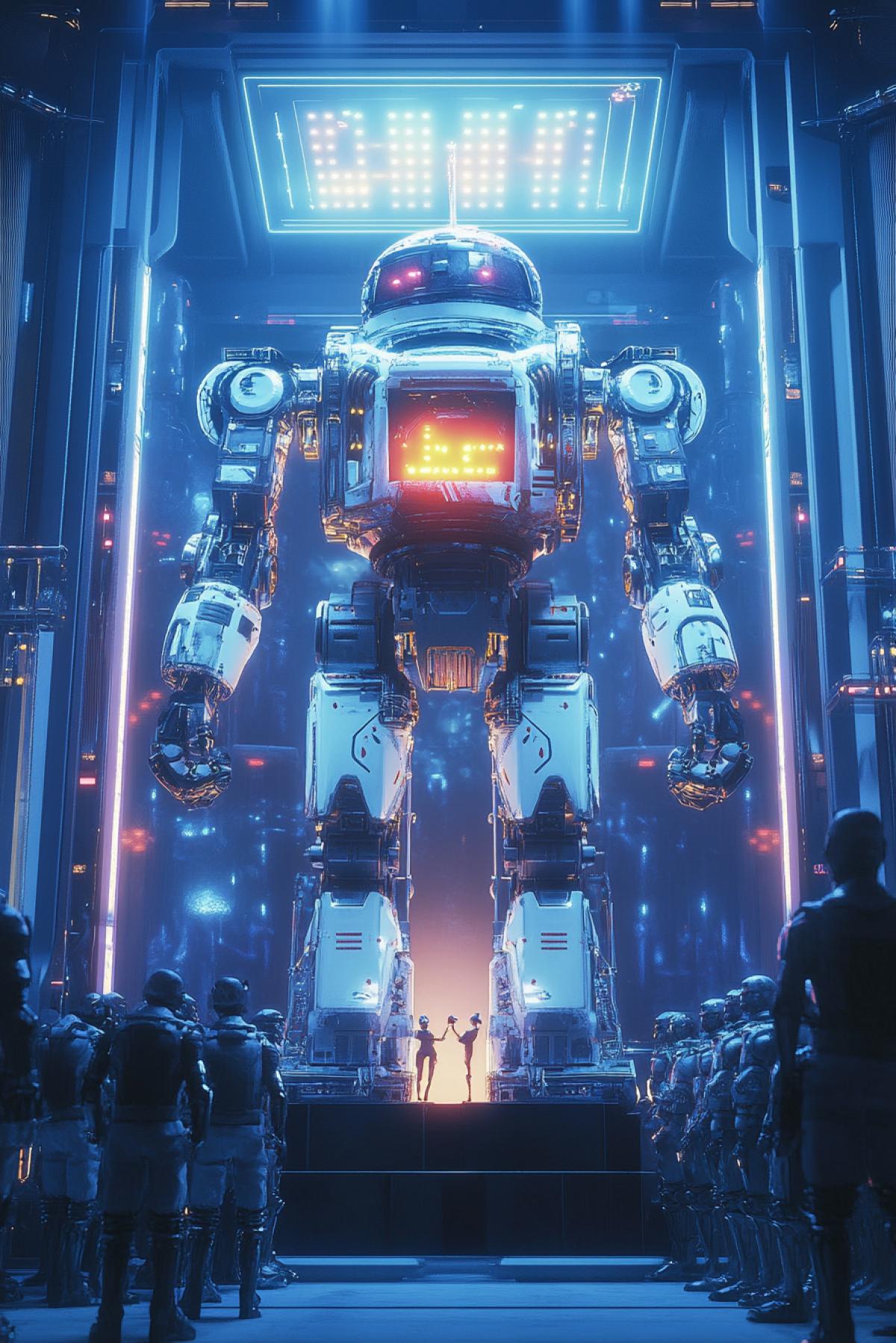 A majestic scene of a birthday robot standing on a glowing pedestal surrounded by other robots. Spotlights beam down, creating dramatic shadows on the metallic walls. The crowd of robots cheers with mechanical sounds as the birthday robots detailed compartment opens, luxury a glowing energy core pulsing in celebration. Above, a countdown hologram displays the robots age in bold, futuristic numbers.