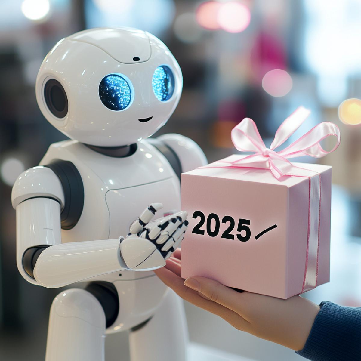 In the robot store, there is an exchange point. A person brought an old robot with \"2024\" written on it. The store employee handed him a new shiny robot with \"2025\" written on it, wrapped in a gift ribbon.