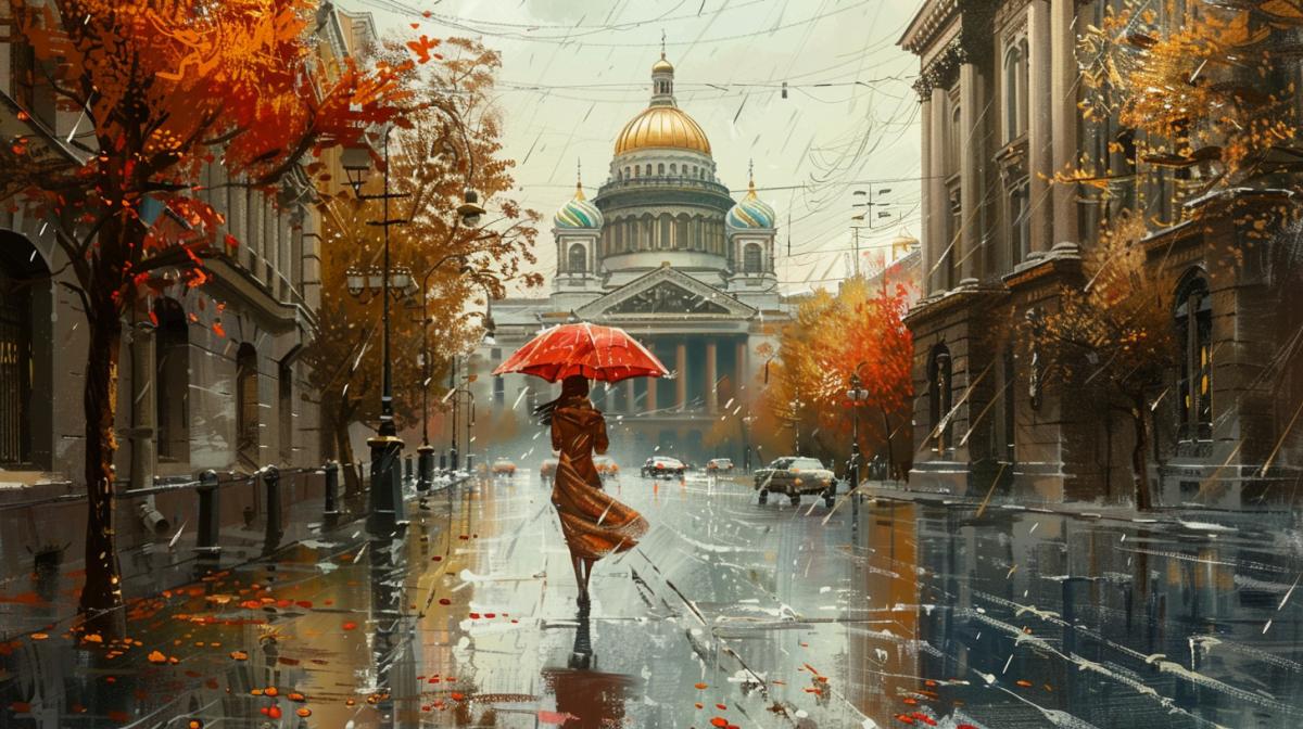A street overlooking St. Isaacs Cathedral in the rain, the atmosphere of autumn St. Petersburg, a lonely female figure under a bright umbrella