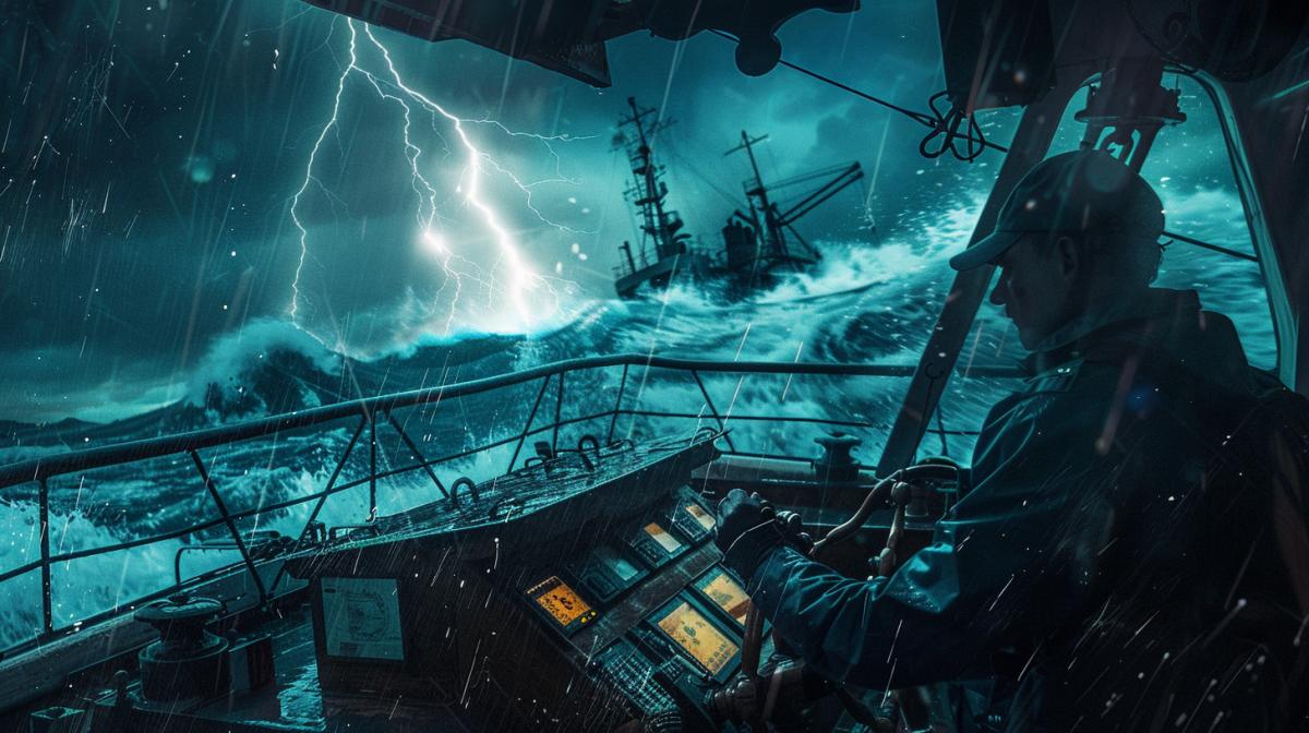 On the bridge of the ship, the captain leads him through a storm and thunderstorm, an atmosphere of anxiety, lightning, big waves
