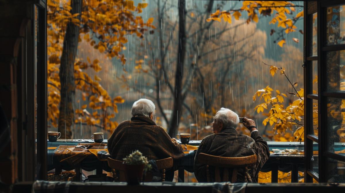 An elderly married couple admires the rain from the veranda of their house, a cozy atmosphere, cozy blankets, hot tea in cups, photos in soothing colors