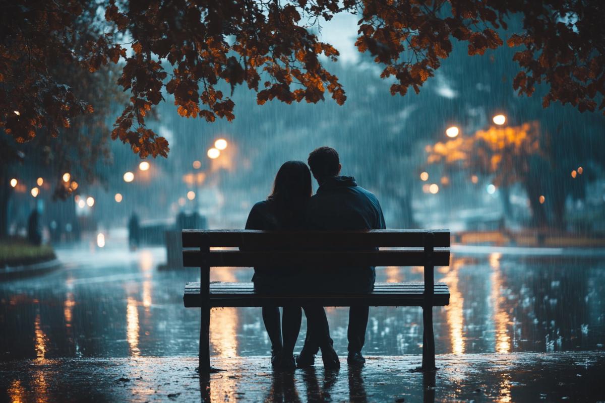 A couple in love sits on a bench in the rain, asymmetry of the photo, romance