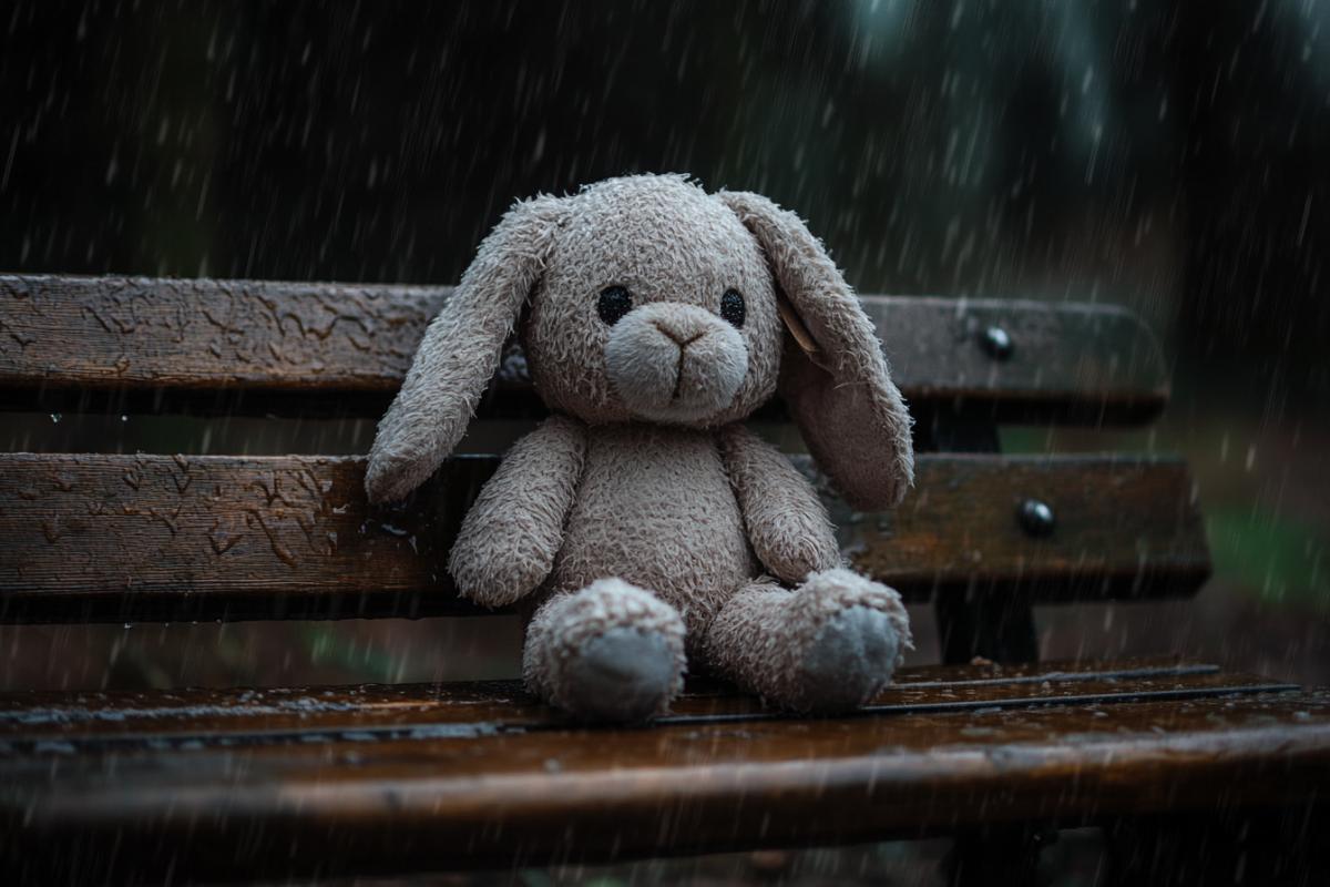 Bunny plush plaything sitting on a bench, completely wet, sad abandoned by the pouring rain