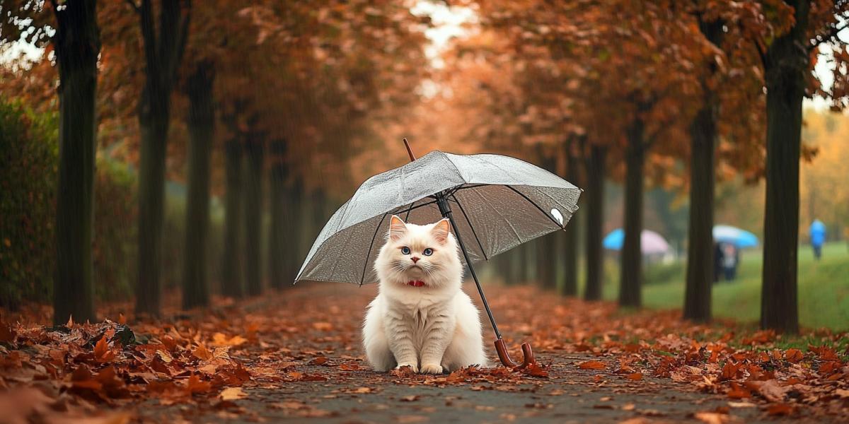 A white cat in a red collar sits under a red umbrella on the road in the park, there are trees nearby, fallen maple leaves, it is raining, people are walking with umbrellas nearby, it is cloudy and gloomy