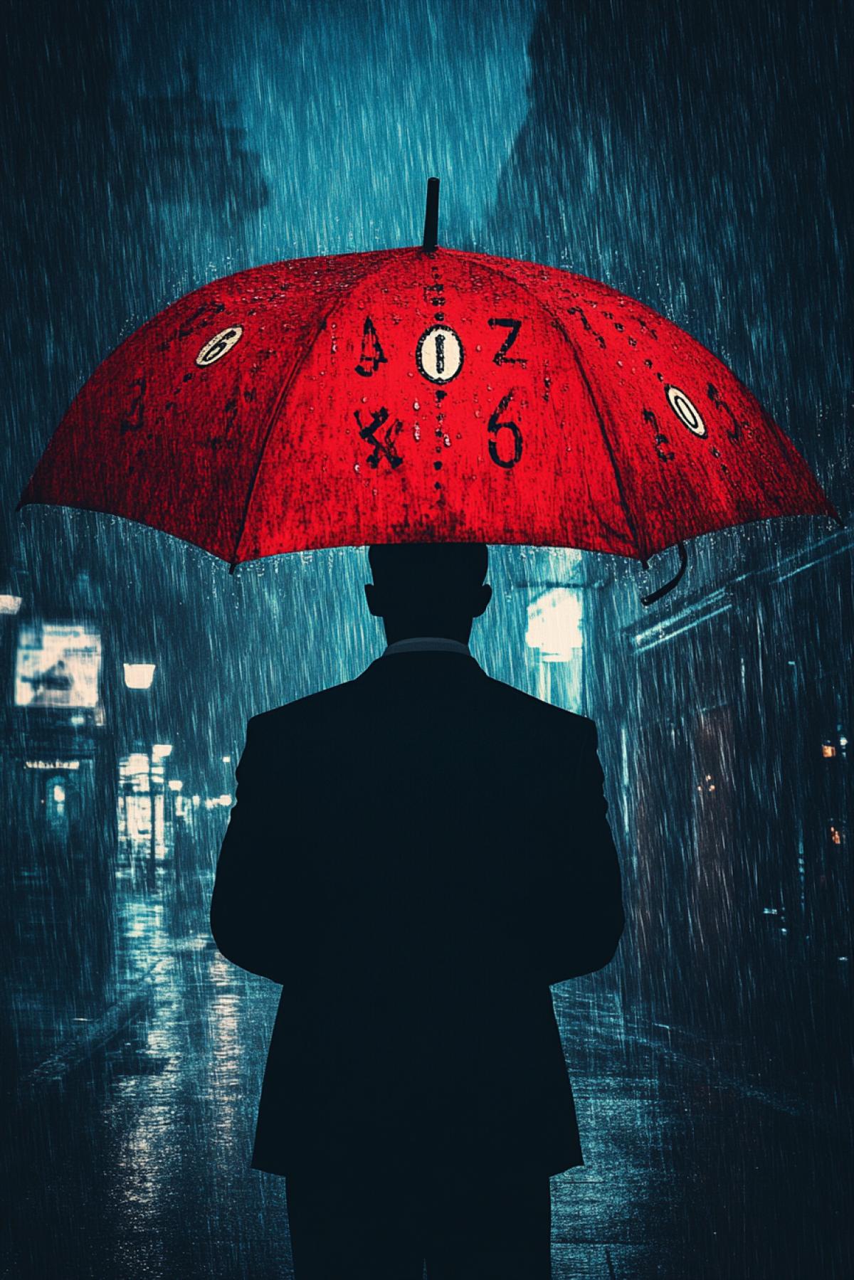 A mysterious silhouette of a man under a big red umbrella in the style of Salvador Dali, surrounded by raindrops that turn into hours flowing from the umbrella, creating a sense of time and space on a rainy day