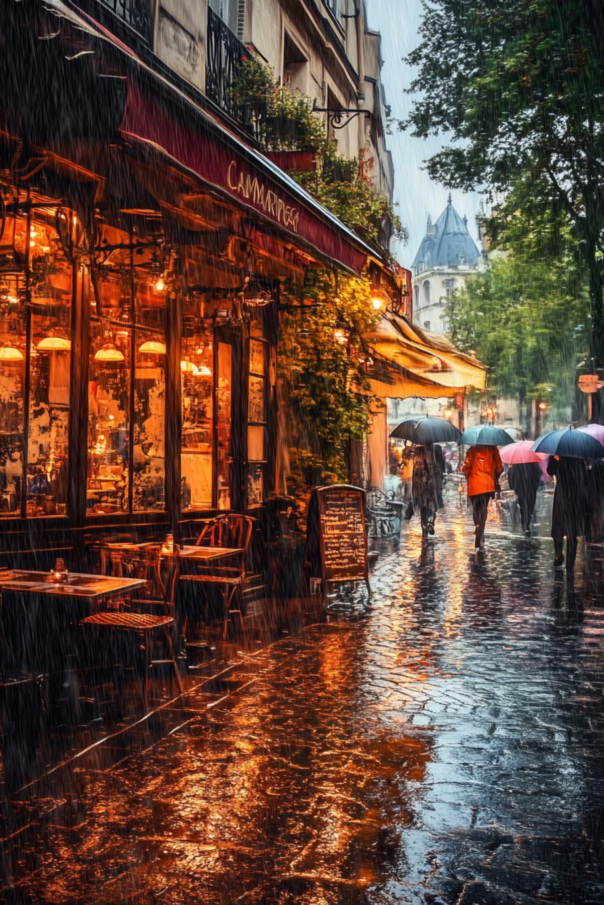 Wet streets of Paris in the style of Claude Monet, where raindrops flow down the windows of cafes, and people in bright raincoats hurry under umbrellas, creating an atmosphere of romance and comfort against the backdrop of evening lighting