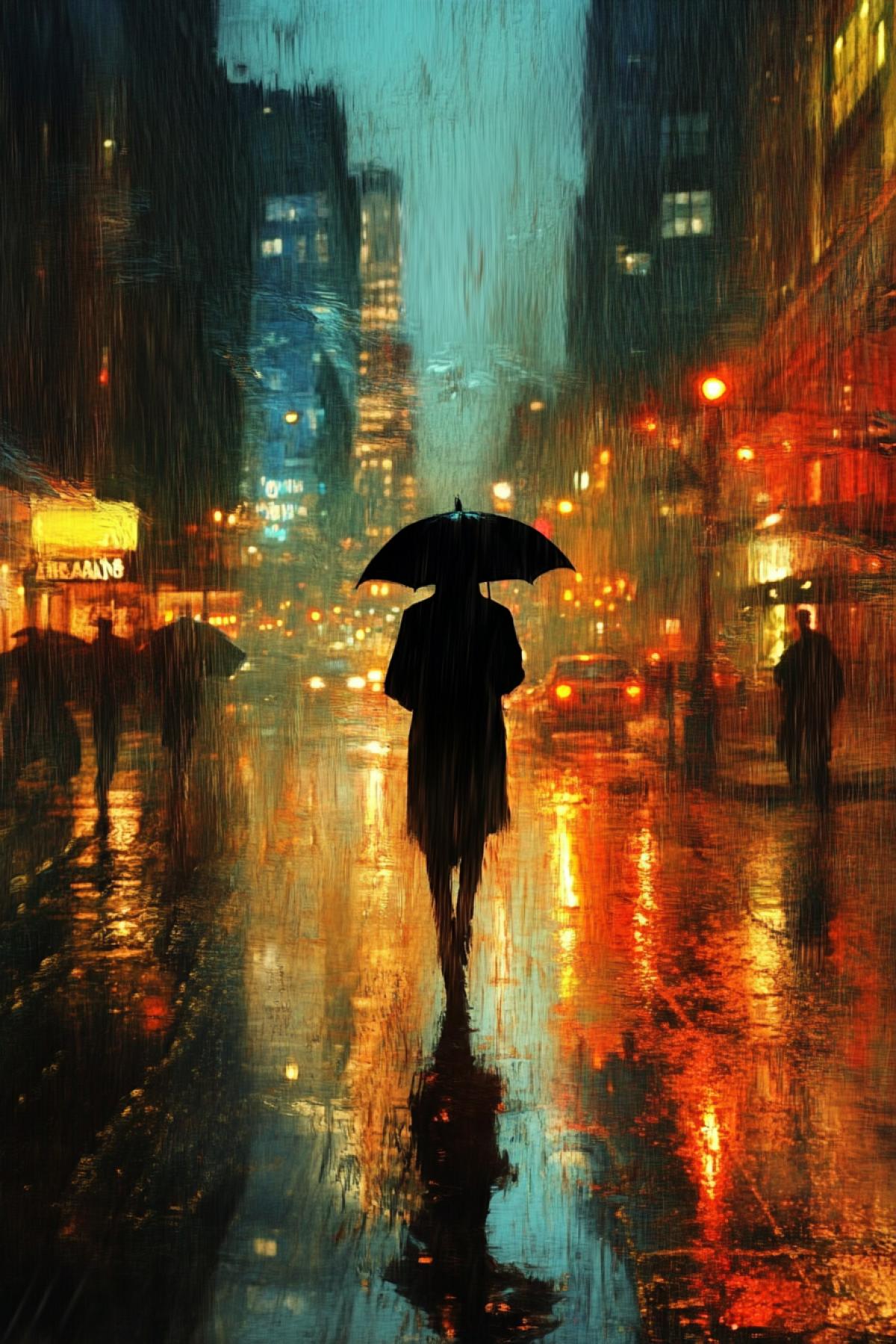 A stormy downpour over a metropolis in the style of Edward Hopper, where the reflections of lights in puddles create an atmosphere of melancholy, and a lonely figure with an umbrella walks along empty streets immersed in rain