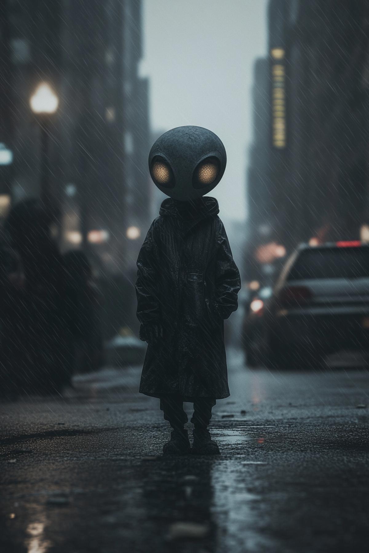 Rainy day, minimalism, fusion, future, cute alien zombie, , flicker, realistic image, photoshop