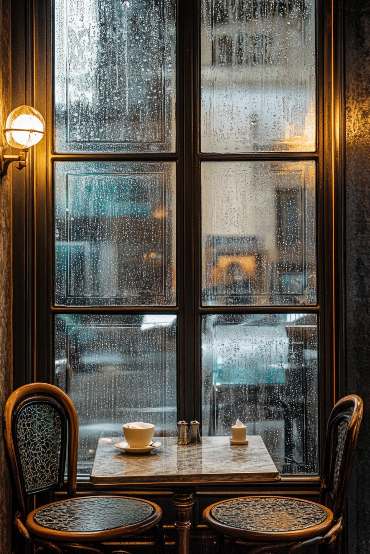 The rain is raging outside the window of this elegant Art Deco café, creating a contrast between the comfort inside and the storm outside.