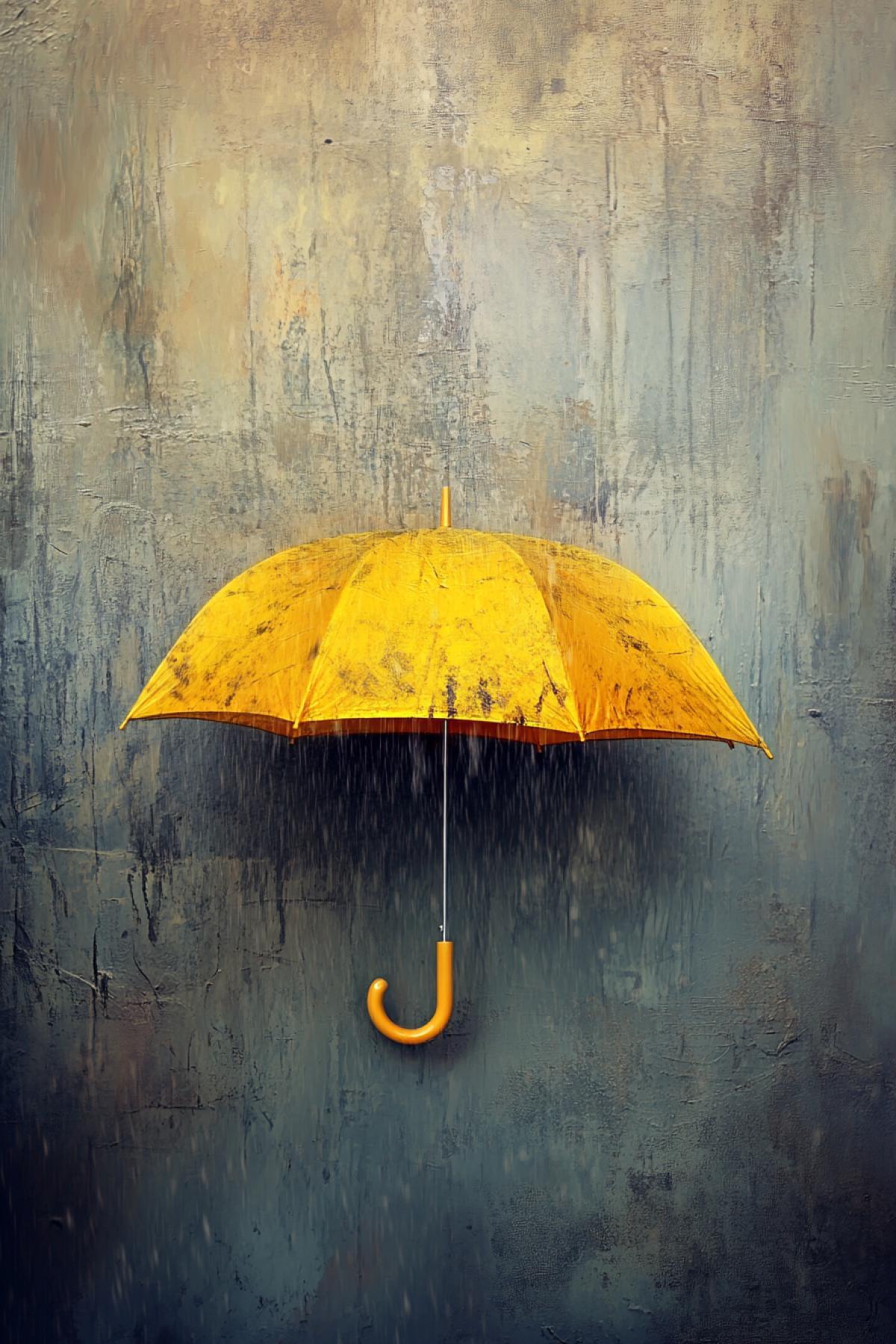 Rainy day, minimalism, fusion, yellow umbrella, flickering, realistic image, photoshop