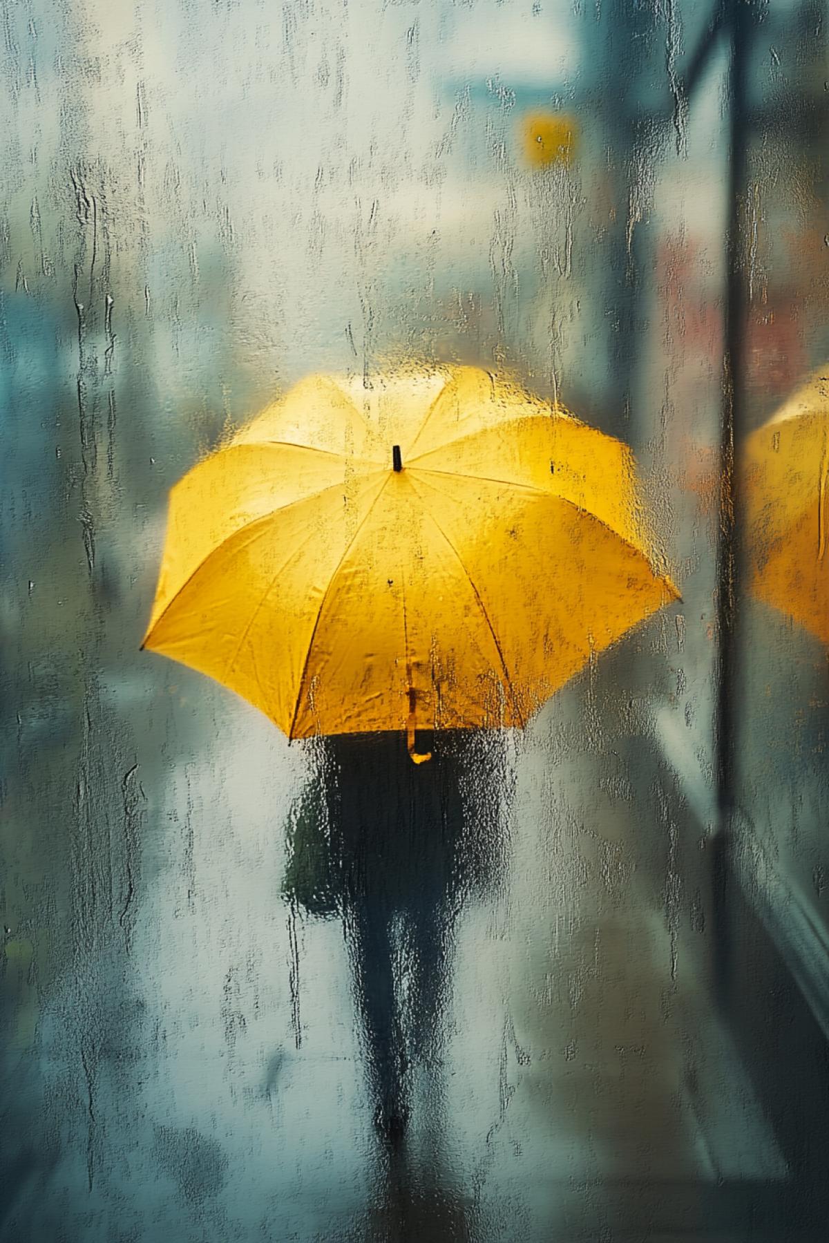 Rainy day, minimalism, fusion, yellow umbrella, flickering, realistic image, photoshop