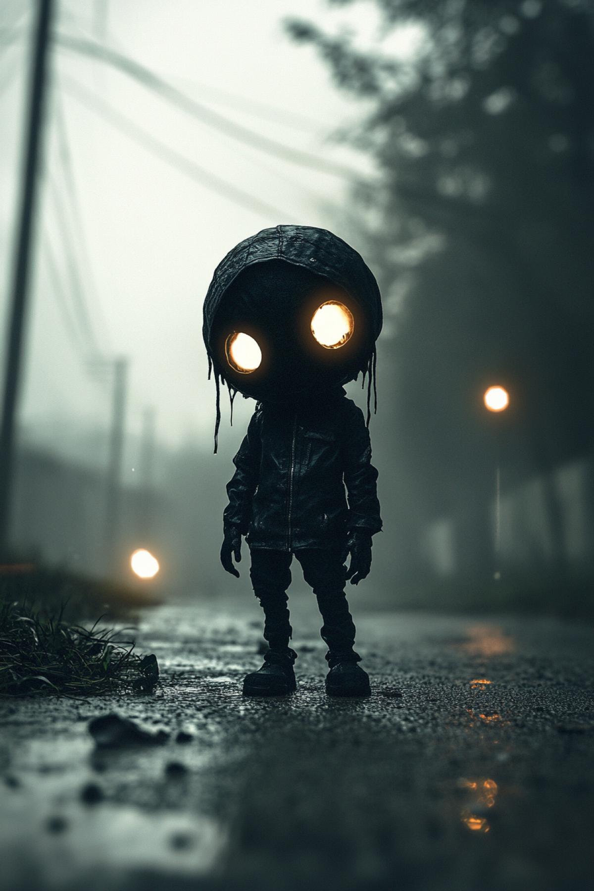 Rainy day, minimalism, fusion, future, cute alien zombie, , flicker, realistic image, photoshop