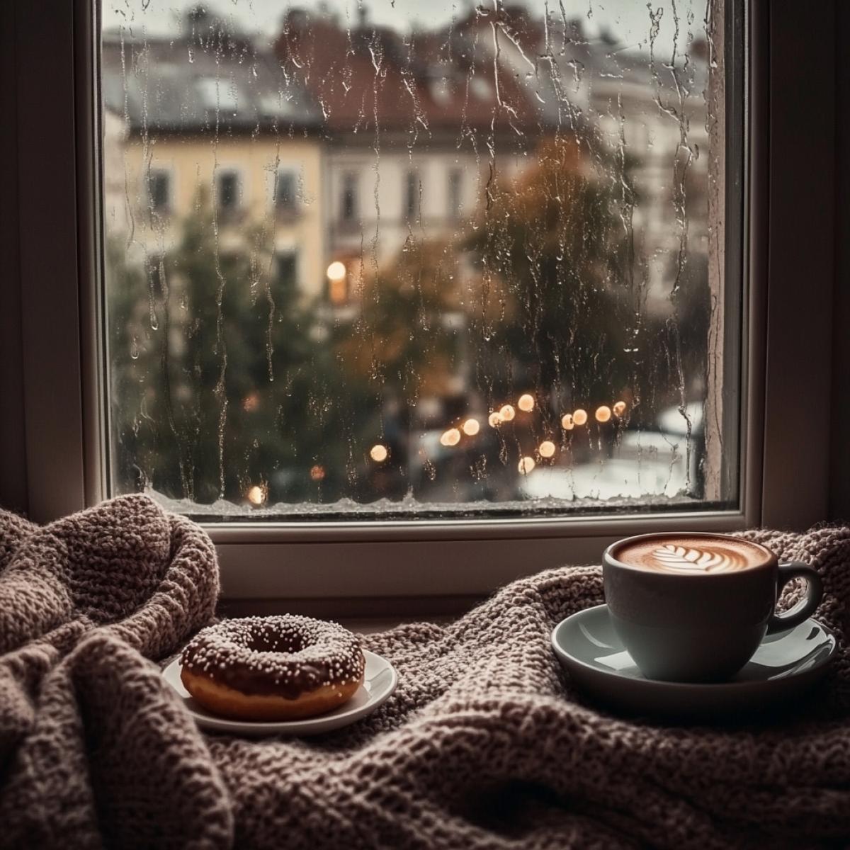 Romantic, rain outside. In front of the window there is a cup of coffee, a donut and a blanket on the edge