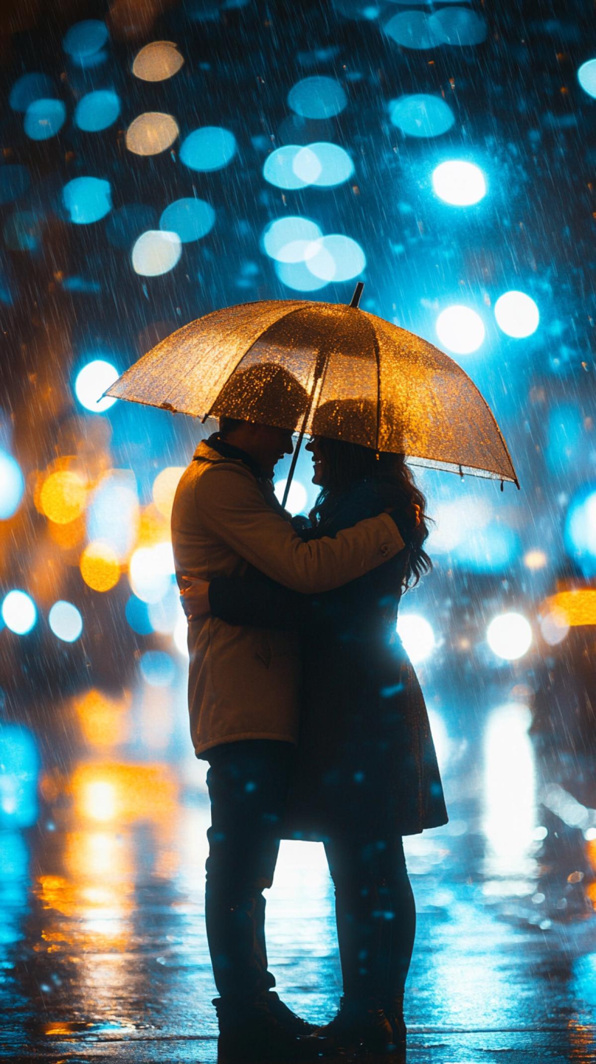 Heavy night rain. A couple hugs under an umbrella in backlight, as well as light from under a probe from above. Against the background of the city. bokeh