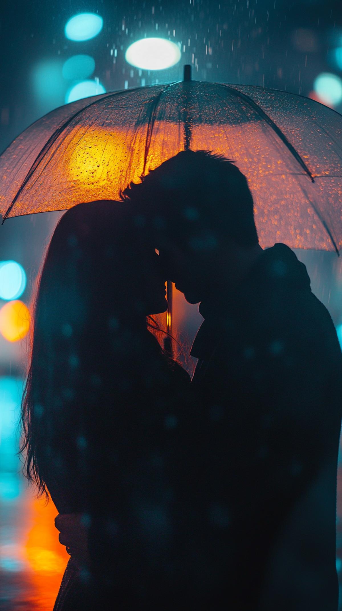 Heavy night rain. A couple hugs under an umbrella in backlight, as well as light from under a probe from above. Against the background of the city. bokeh