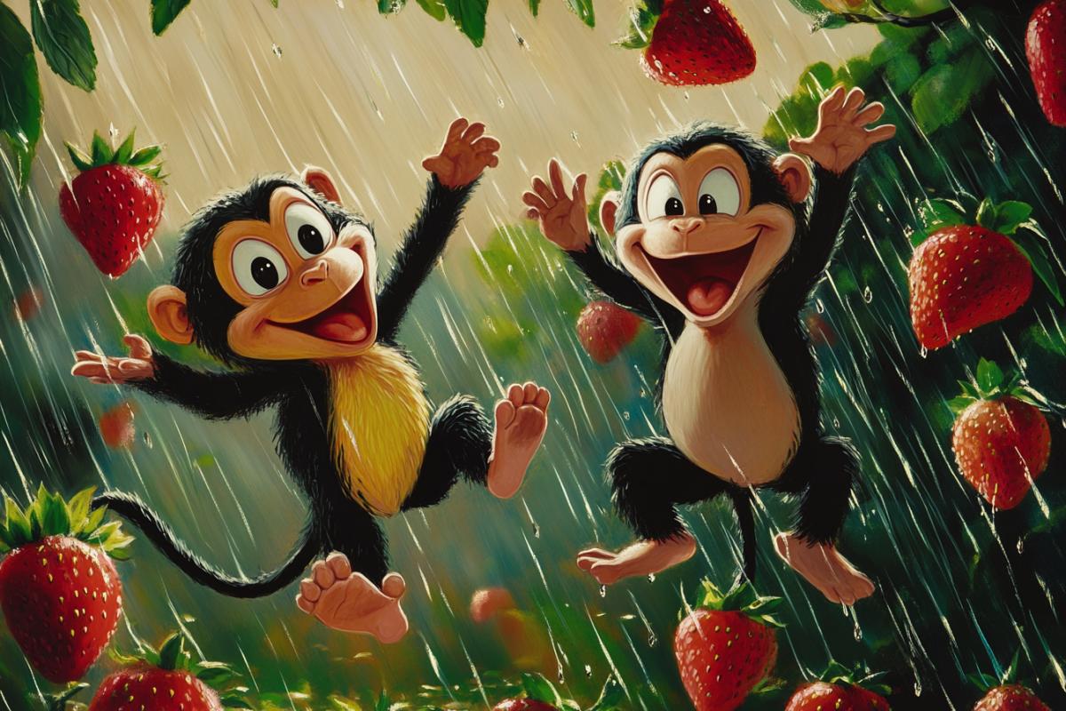 A monkey and a mole from a Soviet cartoon are jumping joyfully in the strawberry rain