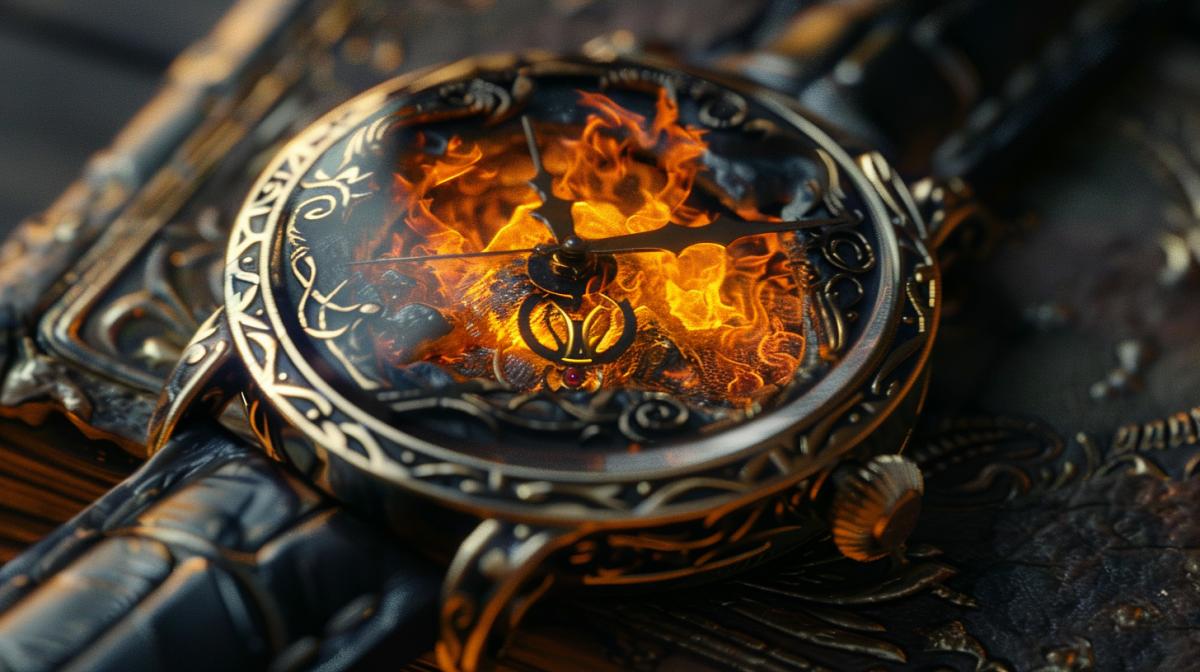 Lord of the Rings style wristwatch with flames inside
