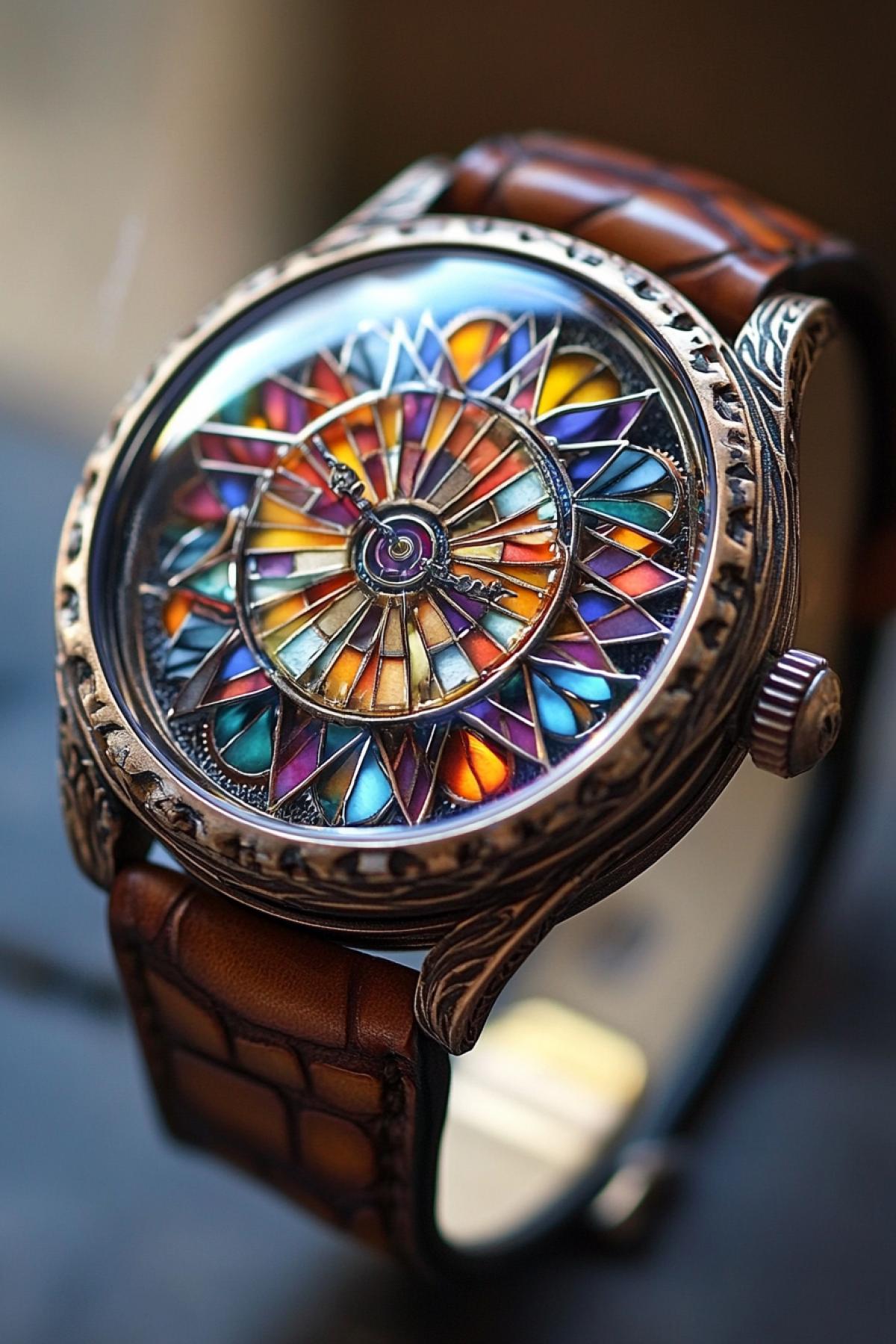 A steampunk-inspired wristwatch with a kaleidoscopic face. The glass dial displays ever-shifting, intricate geometric patterns in vibrant colors, generated by rotating gears beneath the surface. The time is marked subtly on the rim of the dial using a fine laser projection. The strap is made of aged leather with embossed gears, complementing the retro-futuristic look of this wearable art piece.