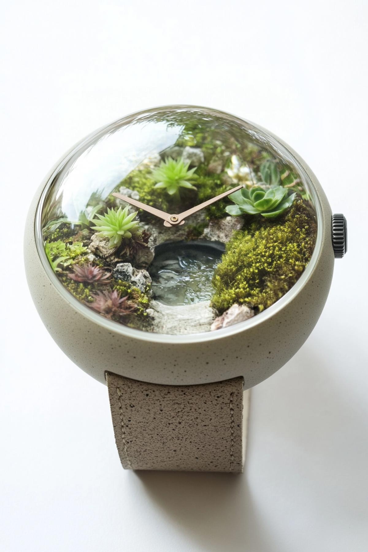 A nature-inspired wristwatch featuring a transparent dome containing a tiny, self-sustaining ecosystem. Inside the dome, miniature mosses, succulents, and even a tiny flowing water feature thrive. The hour and minute hands arc gently above the ecosystem without exciting it. The strap is made of biodegradable materials with a natural texture, emphasizing sustainability and the harmony of nature and technology.