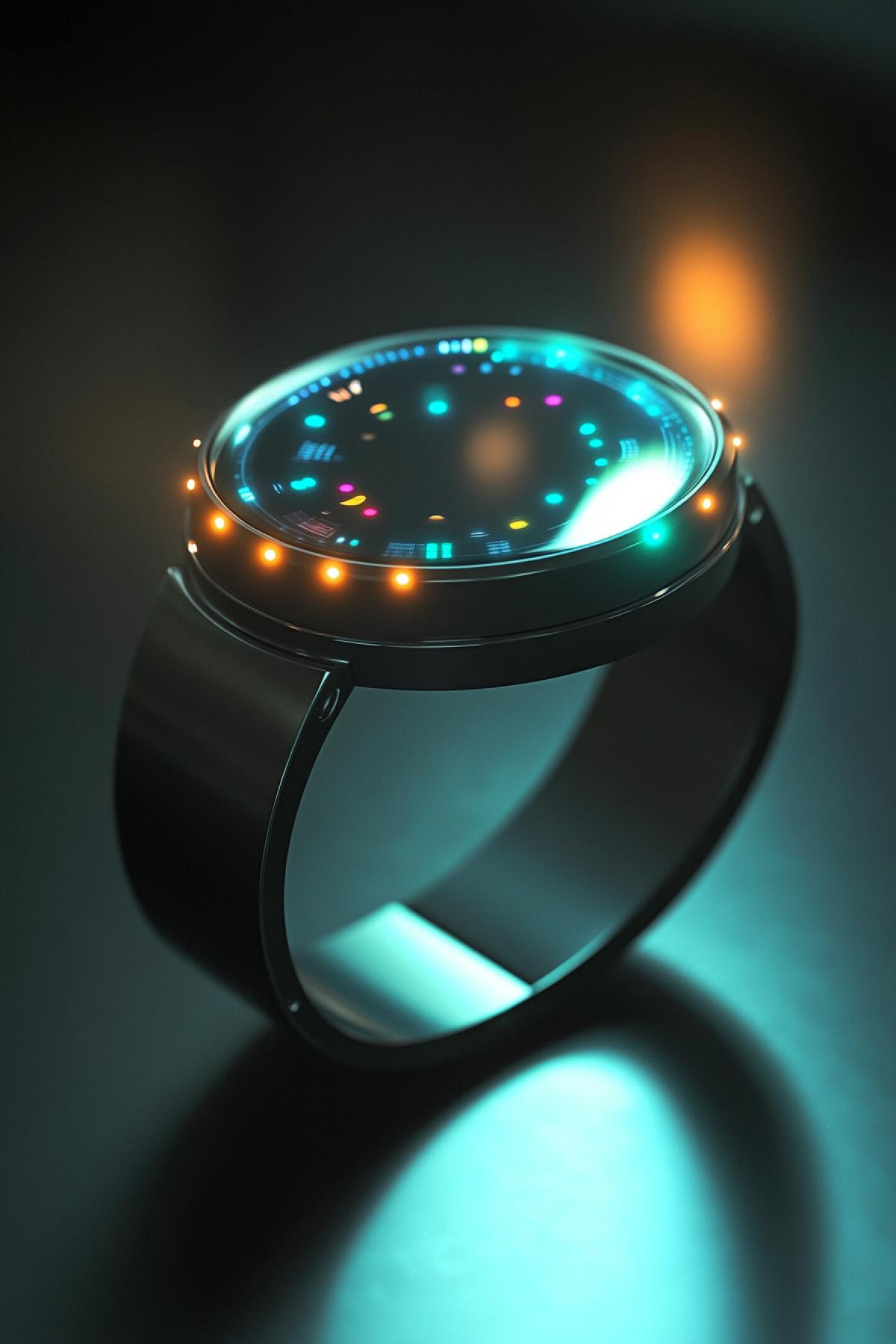 Minimalist, sleek wristwatch with a glowing, edge-to-edge display powered by an embedded AI. The watch adapts its interface based on the users needs: showing time as a glowing ring, projecting holographic notifications, or displaying real-time biometric data. The strap is made from flexible smart material that adjusts to the wearers wrist for maximum comfort. The design is futuristic yet understated, with a focus on innovation and functionality.