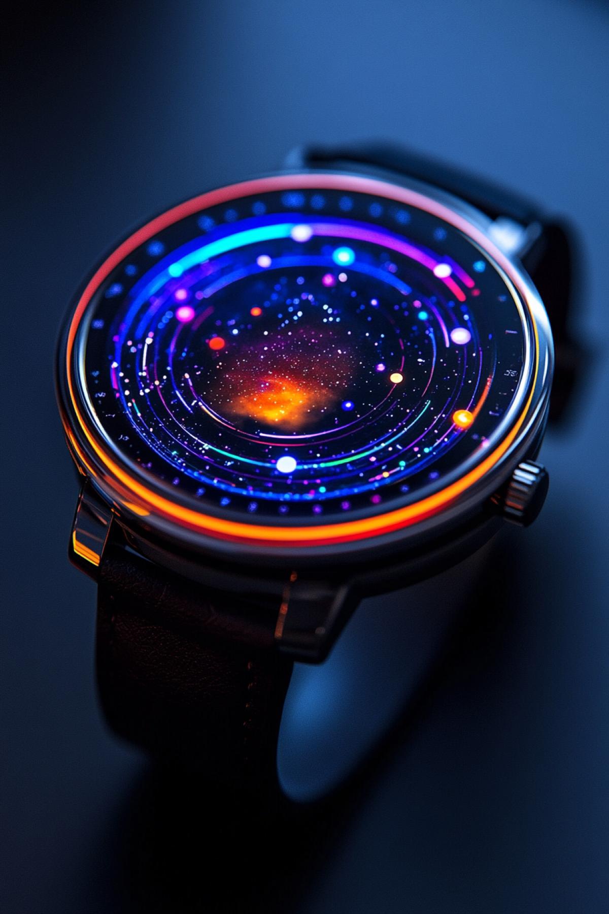 Futuristic wristwatch with a dynamic, holographic display that mimics the movement of the sky. The face of the watch transitions between realistic visuals of sunrise, daylight, sunset, and starry night in real-time. A ring of tiny planets and glowing celestial bodies orbits the outer edge, marking the hours. The strap is crafted from a metallic 4k that resembles constellations, creating an ethereal and cosmic aesthetic.