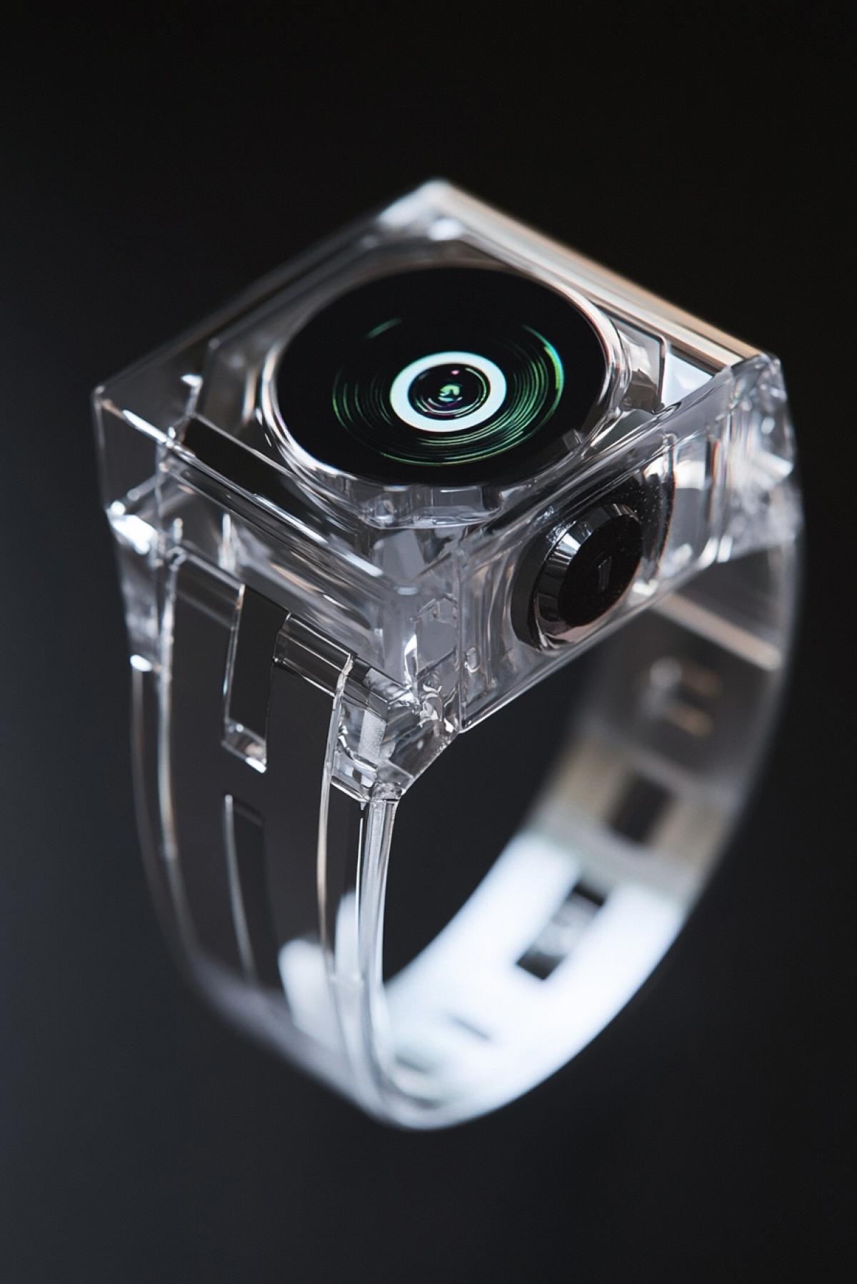Futuristic wristwatch equipped with a tiny camera lens embedded in its crystal face. Every hour, the watch automatically captures a snapshot of the wearer’s surroundings, which can be reviewed on its holographic display. The time is shown subtly through shifting images at the edges of the dial. The strap is made from sleek, reflective material that mimics a vintage film reel, blending nostalgia with modern tech.