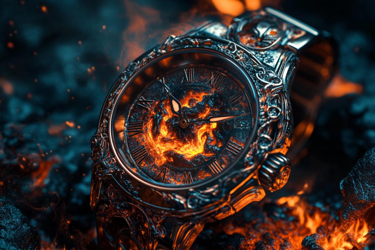 Wristwatch in the form of a mechanical alarm clock with magma lava magic steampunk surrealism close-up in the form of a mechanical alarm clock
