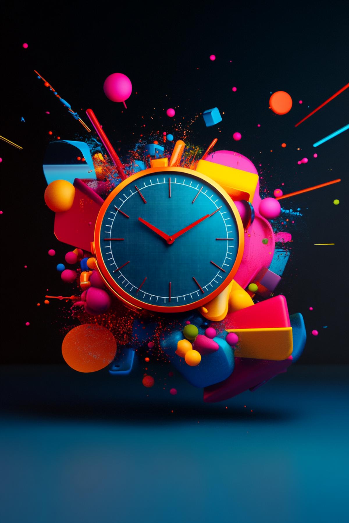 Character Colorful, colors, UItra, 3D render, 16K, q 5 ar 2:3, Clock, minimalism, fusion, and, status, elite, flickering, realistic image, photoshop