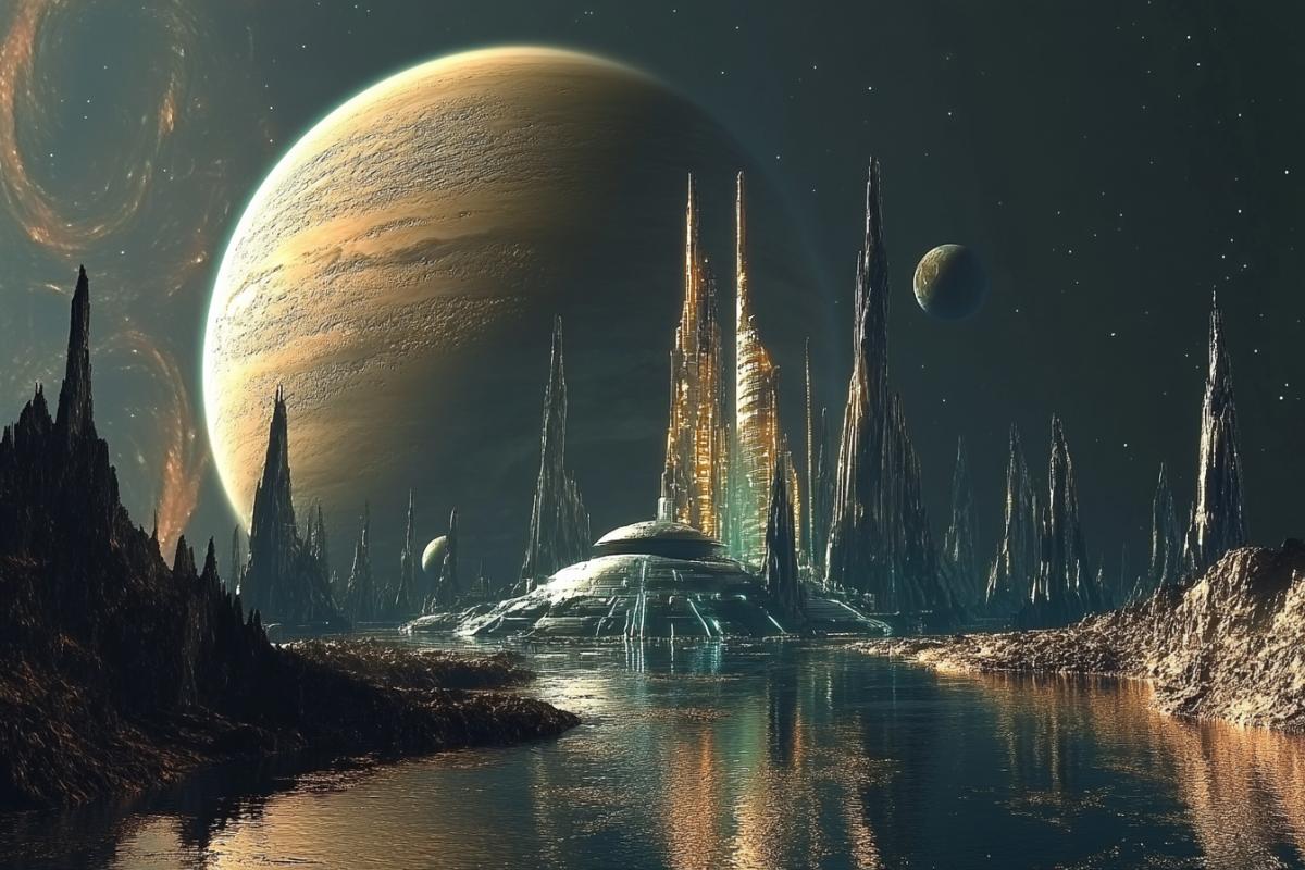 Colony for alien prisoners unusual on Saturn futuristic surrealism