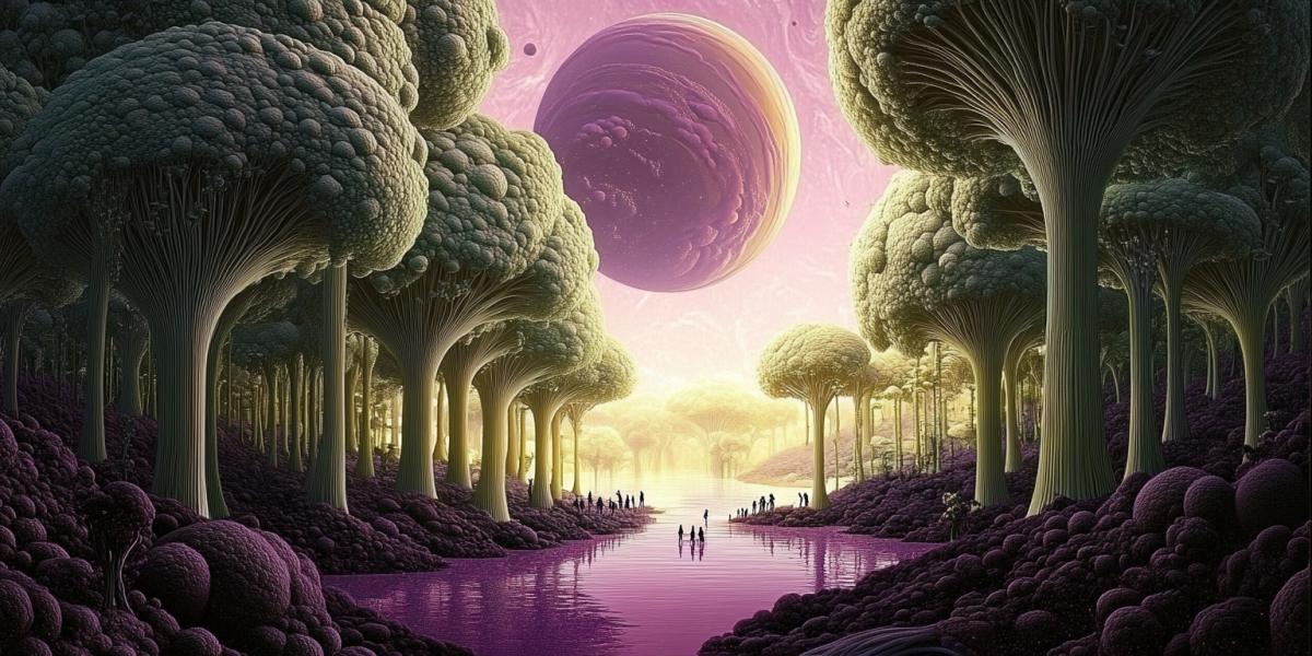 a wide landscape orientation, a cosmic landscape, a lake with purple water glows, large fantastic trees, small people on the background. Large planet earth view from orbit, high print quality, cinematographic , aesthetically pleasing, professional photo, high resolution, high detail