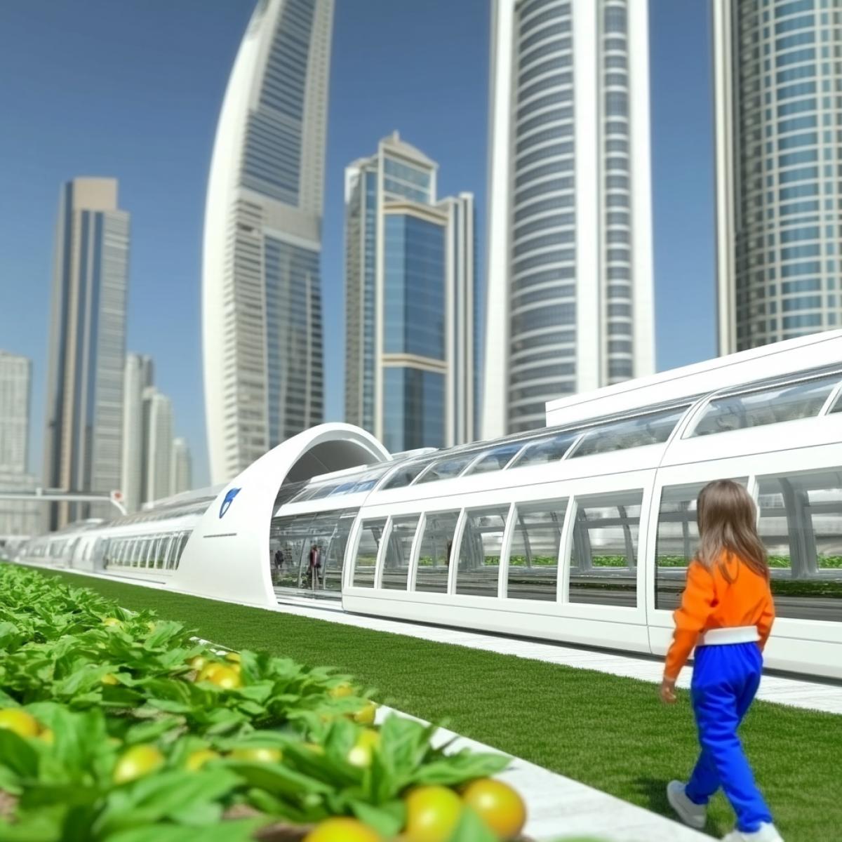 an terrestrial colony on a distant exoplanet in the constellation Alpha Centauri, a planet with terrestrial conditions, but with very unusual plants and animals. The colony consists of luxurious villas among agricultural plantations with exotic fruits. In the foreground is a little girl in a bright jumpsuit walking along a path among alien fruit bushes with big ripe fruits.